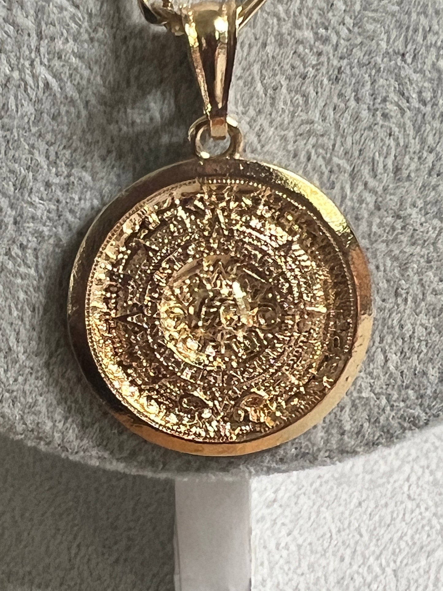 Gold Plated Aztec Calendar Pendant Necklace Chain, Figaro, Mexico, Handmade (#19)