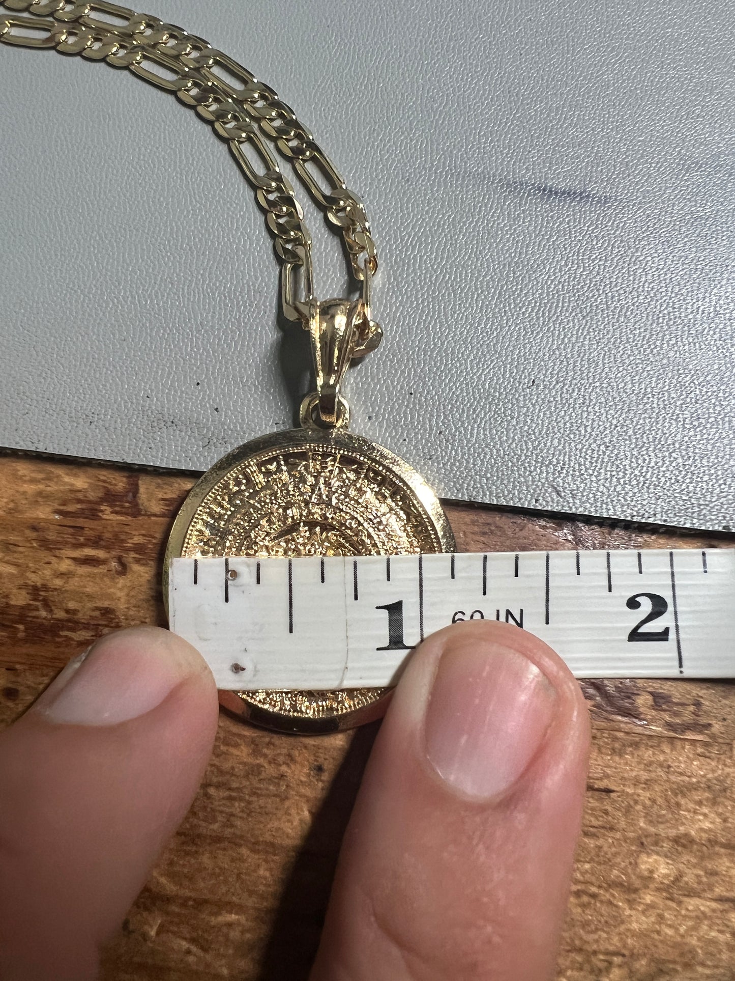 Gold Plated Aztec Calendar Pendant Necklace Chain, Figaro, Mexico, Handmade (#19)
