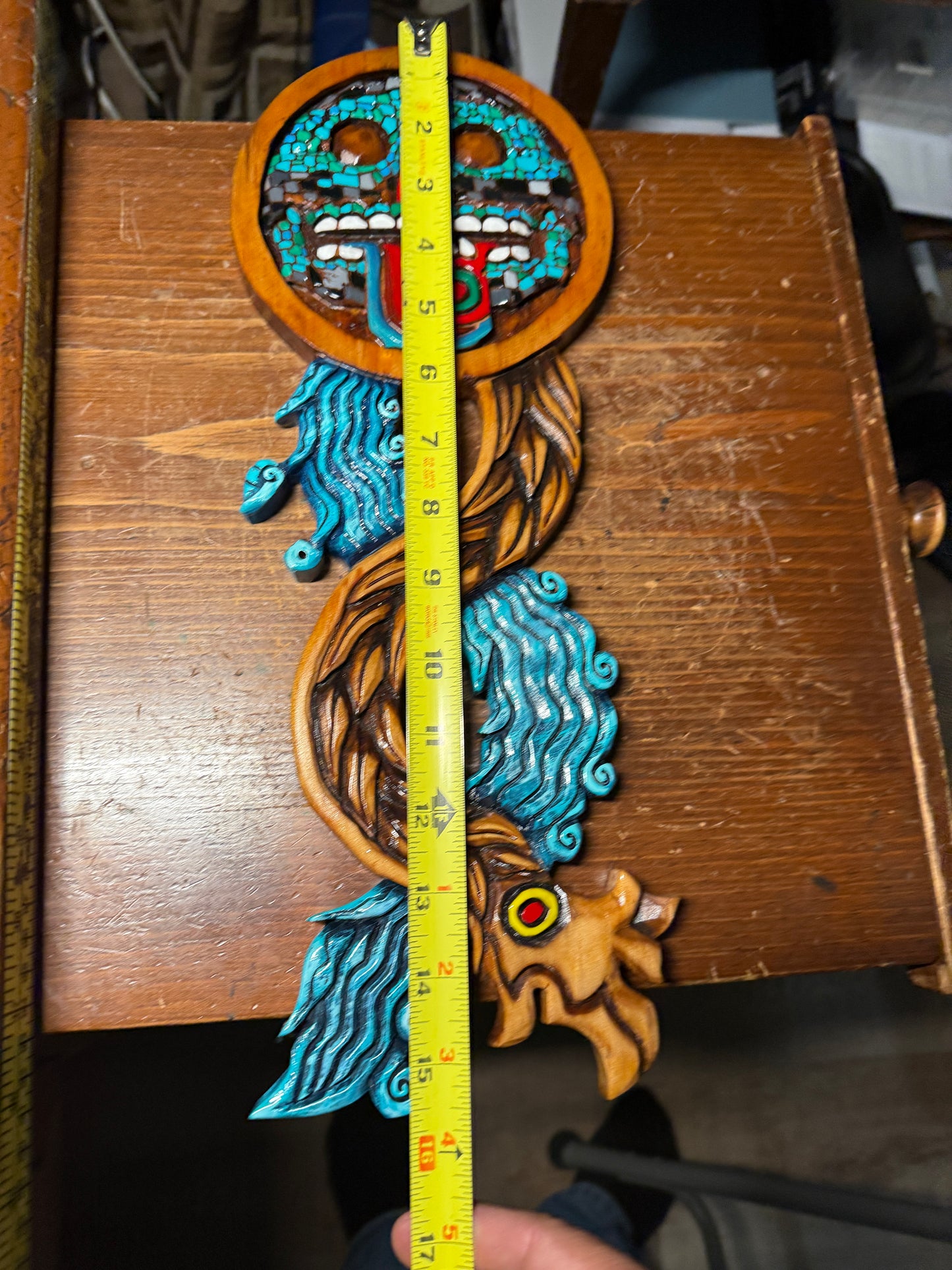 Handmade Aztec Tezcatlipoca Wooden Plaque, Mexico, Carving, Mexica, Tribal Rare