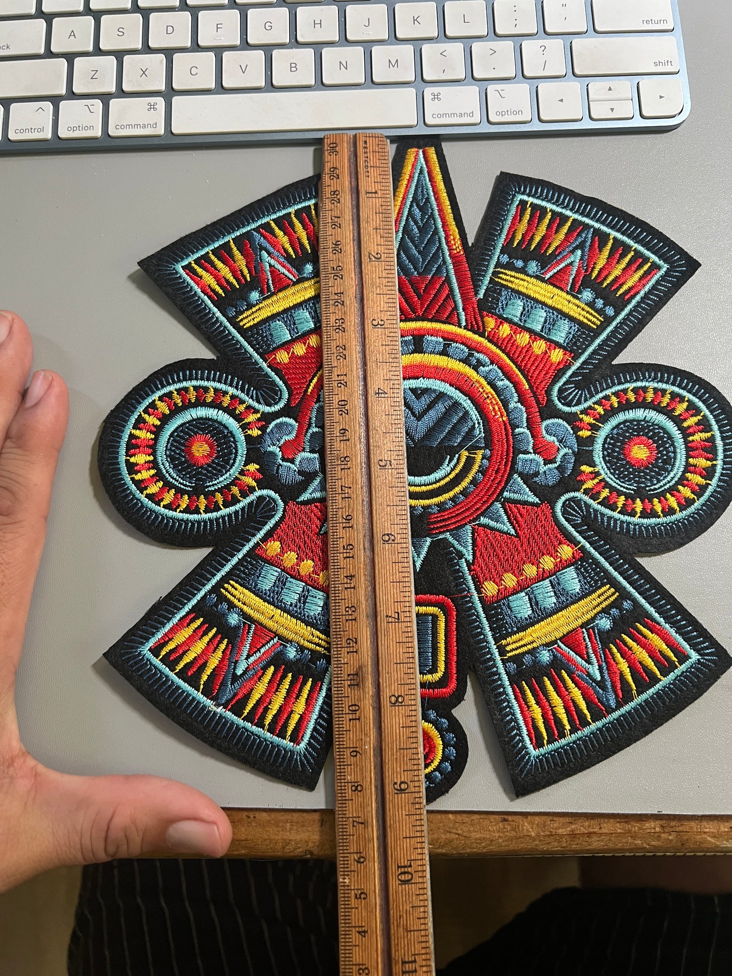 Large Ollin Nauhi Patch, Vibrant Colors, Movement, 9.25" Aztec Calendar Day Sign, Xolotl, Venus, Shape Shifter, Evening Star, Seeing Eye (#21)