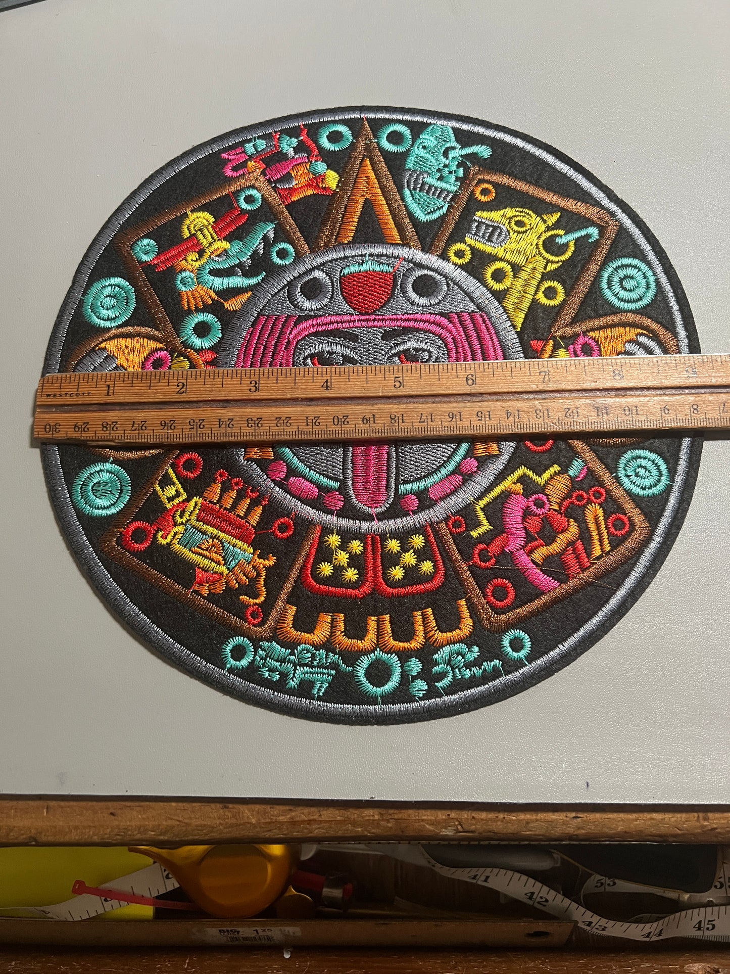 Large Back Patch color Aztec Calendar with Tonatiuh Sun God, 9.25", Pink, Turquoise, Patches, Iron-on, from Mexico (#28)