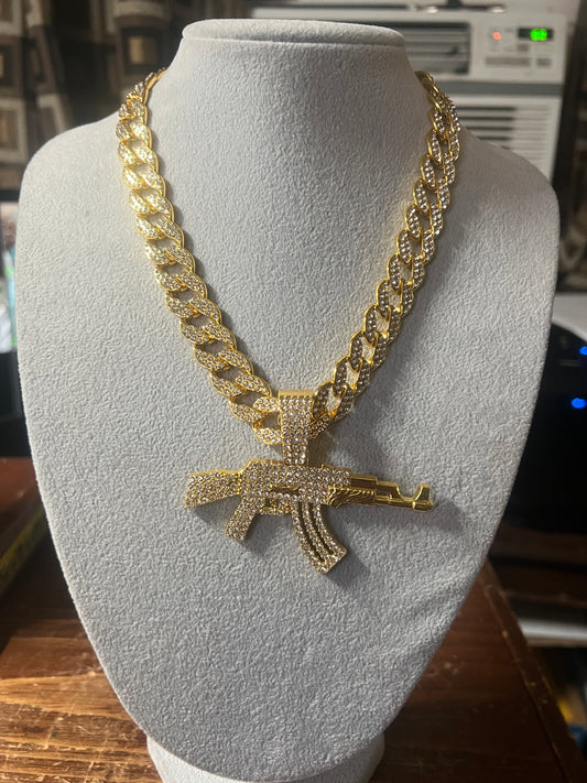 Men's alloy 3" AK pistol necklace High Quality Gold Tone Gun Pendant Hiphop Pendant For young Man 18" Choker (#20)