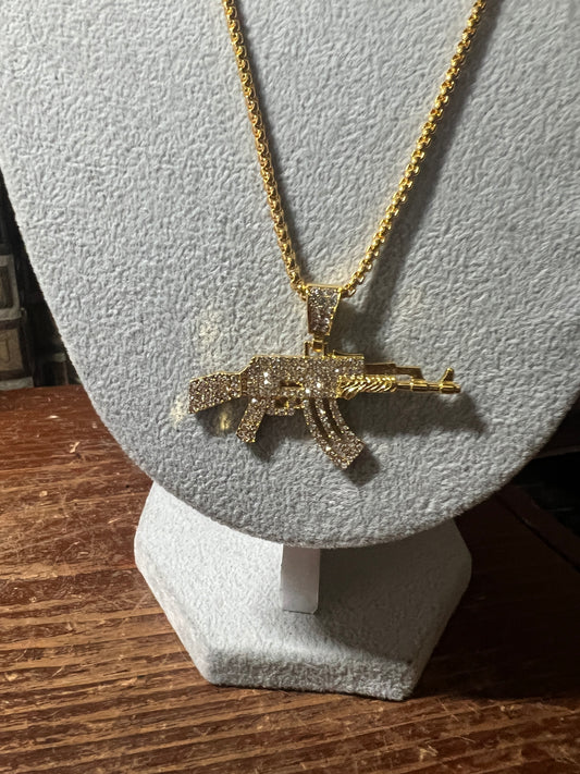 Men's alloy 2" AK pistol necklace High Quality Gold Tone Gun Pendant Hiphop Pendant For Man 23" (#20)