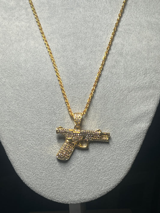 Men's alloy 1.5" GLOCK pistol necklace High Quality Gold Tone Gun Pendant Hiphop Pendant For Man 23" (#20)