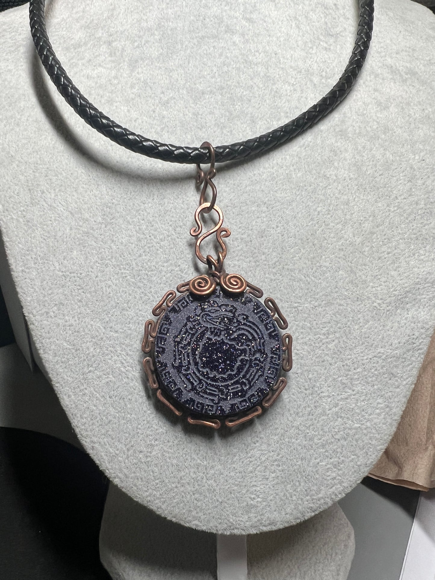 Blue Sparkles Aventurine Stone Kukulkan Quetzalcoatl Mexican Dragon Aztec Mexica Maya, 1.75", leather rope necklace, 20" Mexico (#16)