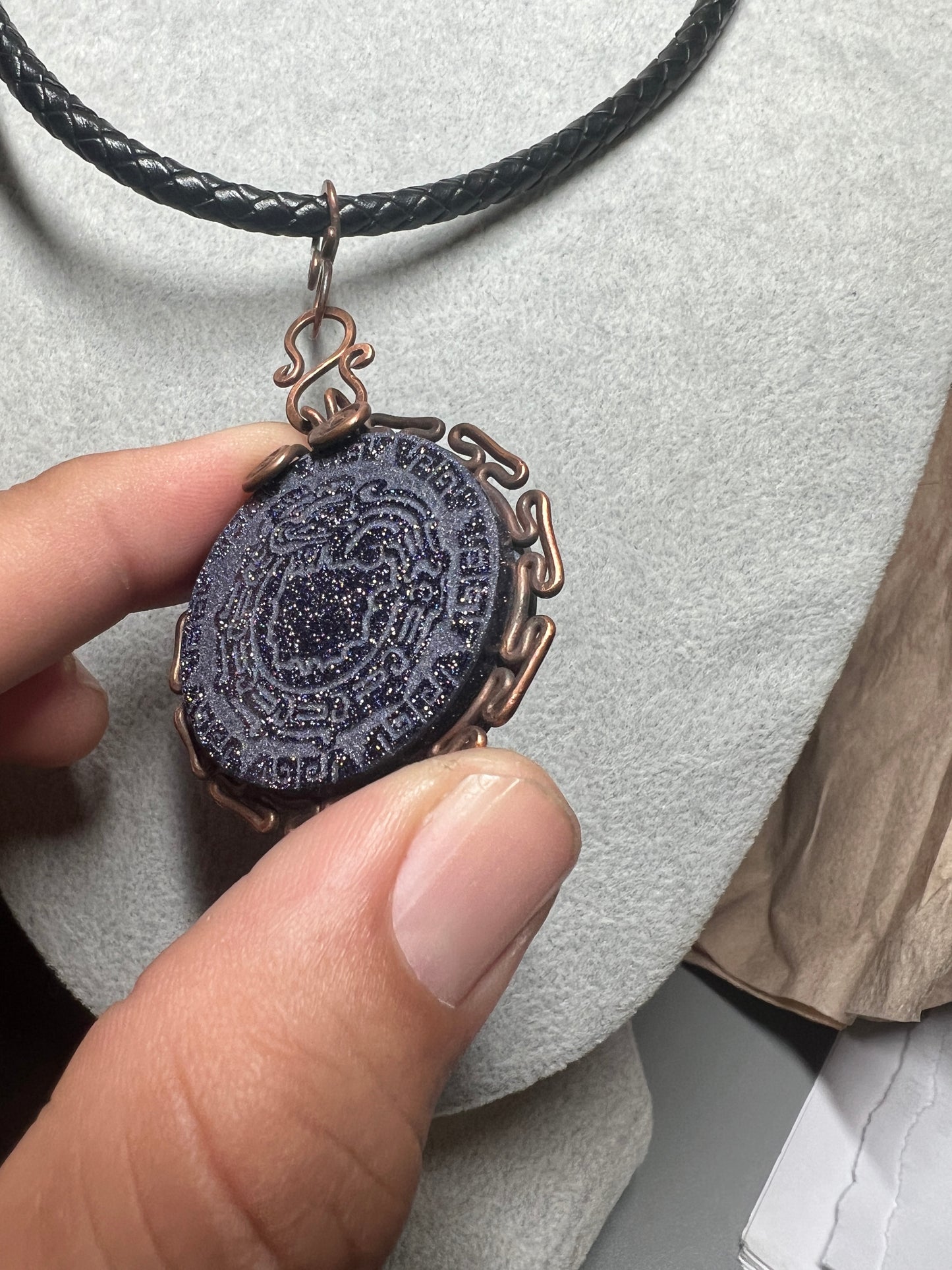 Blue Sparkles Aventurine Stone Kukulkan Quetzalcoatl Mexican Dragon Aztec Mexica Maya, 1.75", leather rope necklace, 20" Mexico (#16)