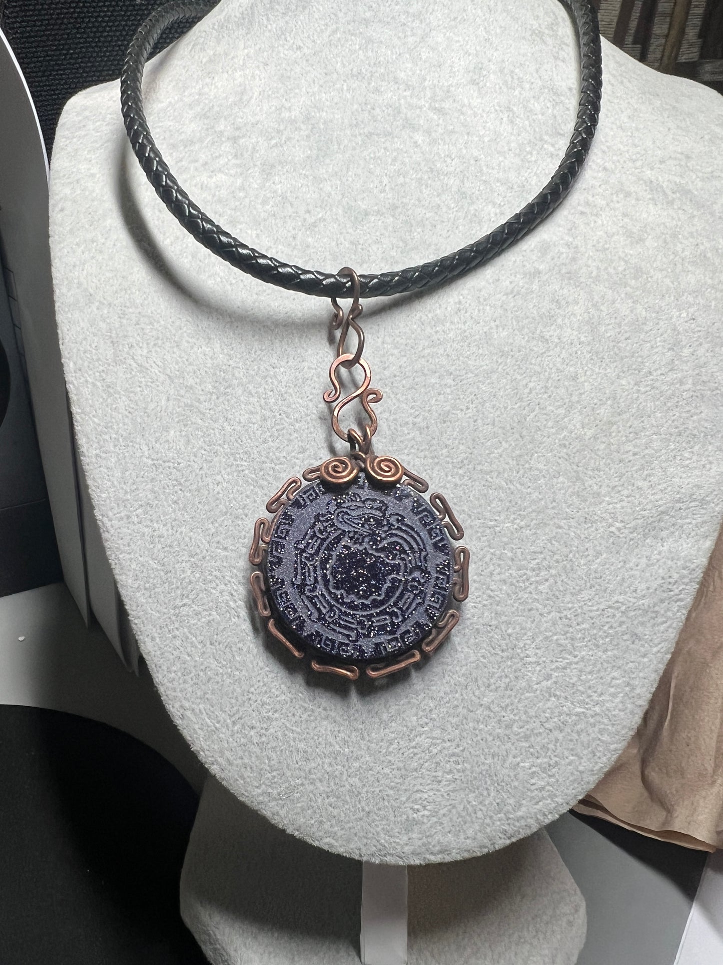 Blue Sparkles Aventurine Stone Kukulkan Quetzalcoatl Mexican Dragon Aztec Mexica Maya, 1.75", leather rope necklace, 20" Mexico (#16)