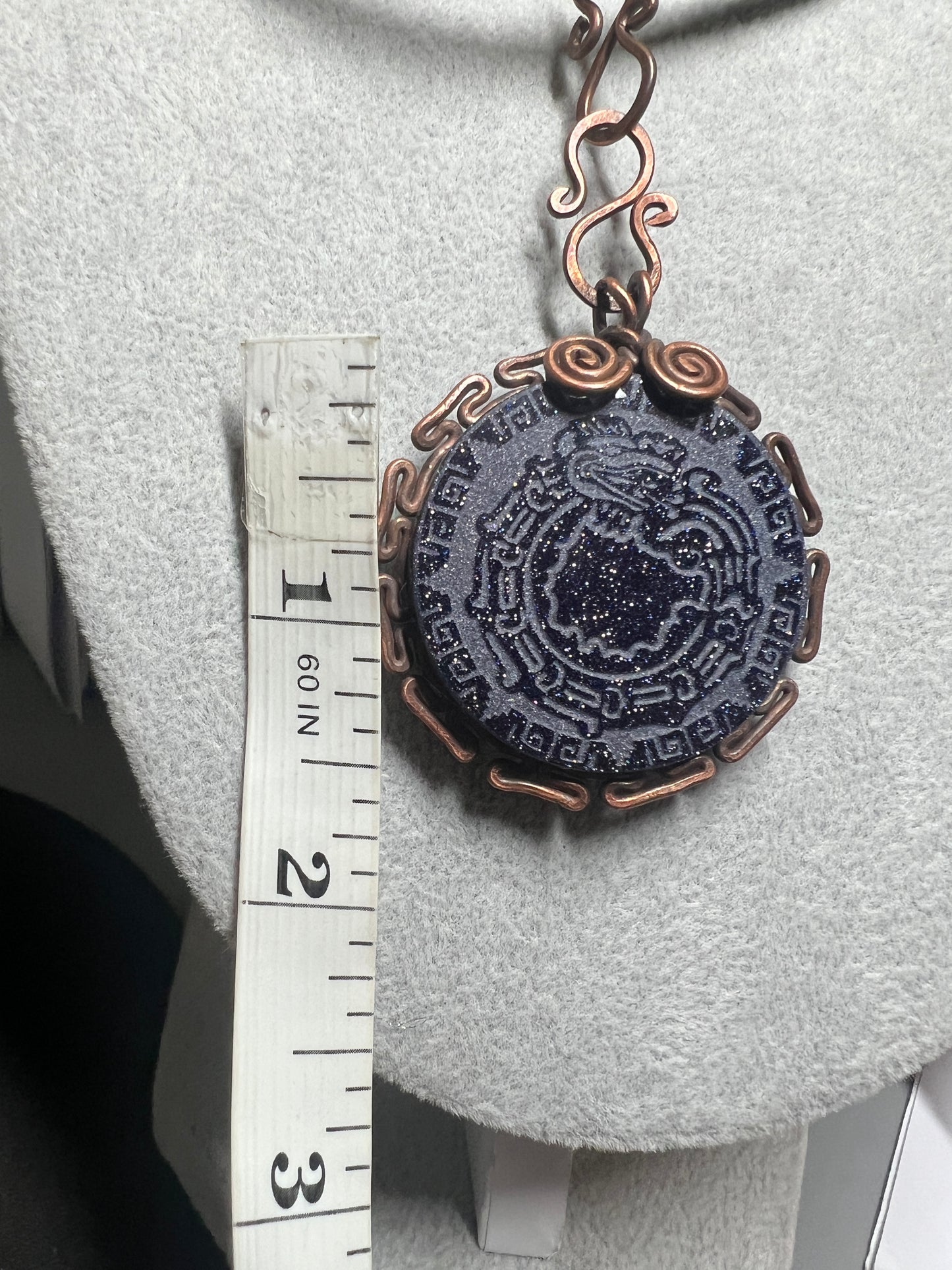 Blue Sparkles Aventurine Stone Kukulkan Quetzalcoatl Mexican Dragon Aztec Mexica Maya, 1.75", leather rope necklace, 20" Mexico (#16)