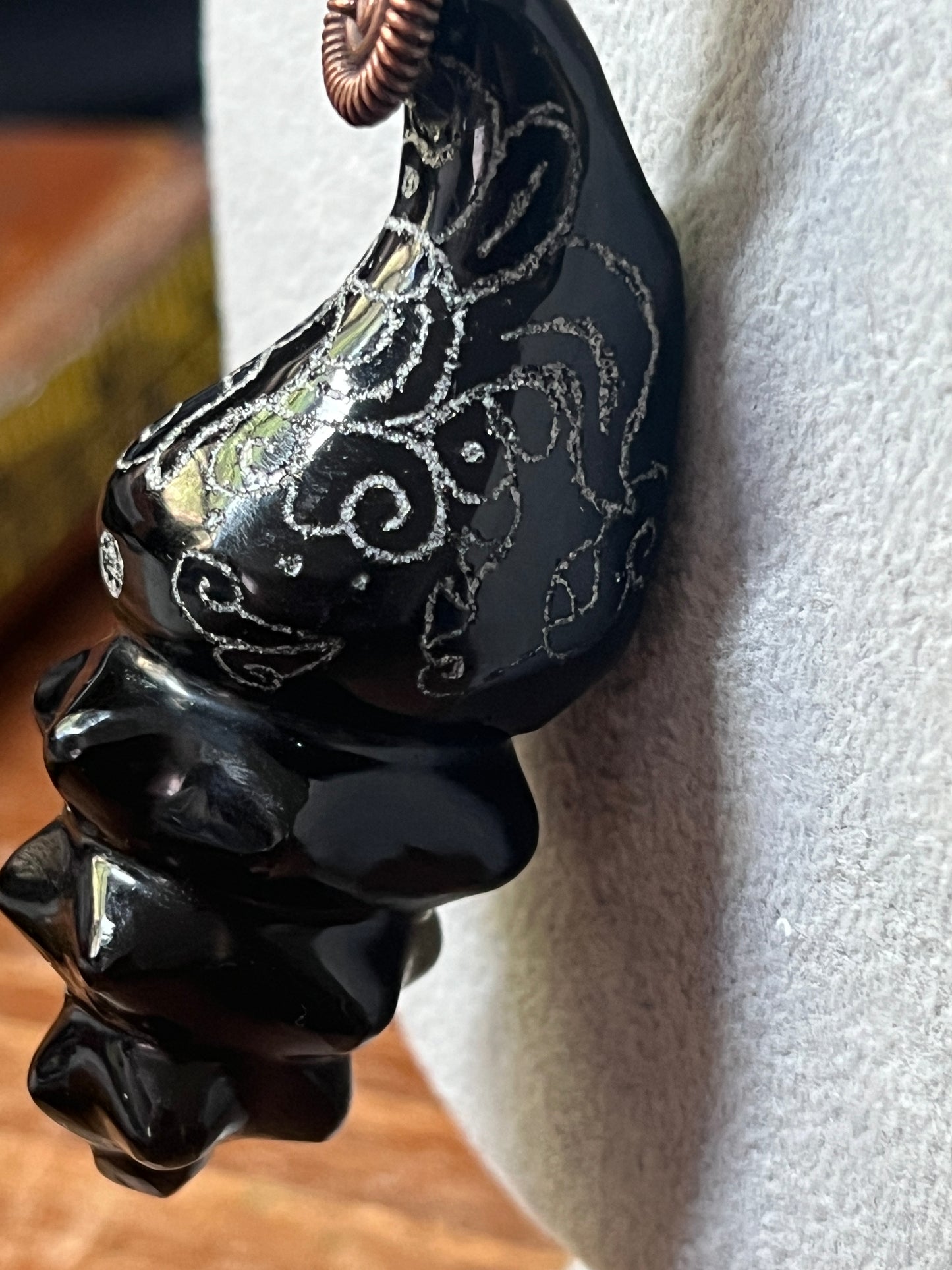 Black Obsidian Carved Conch Sea Shell Necklace, Kukulkan Mayan Necklace 22" Maya, Aztec, Mexica #16
