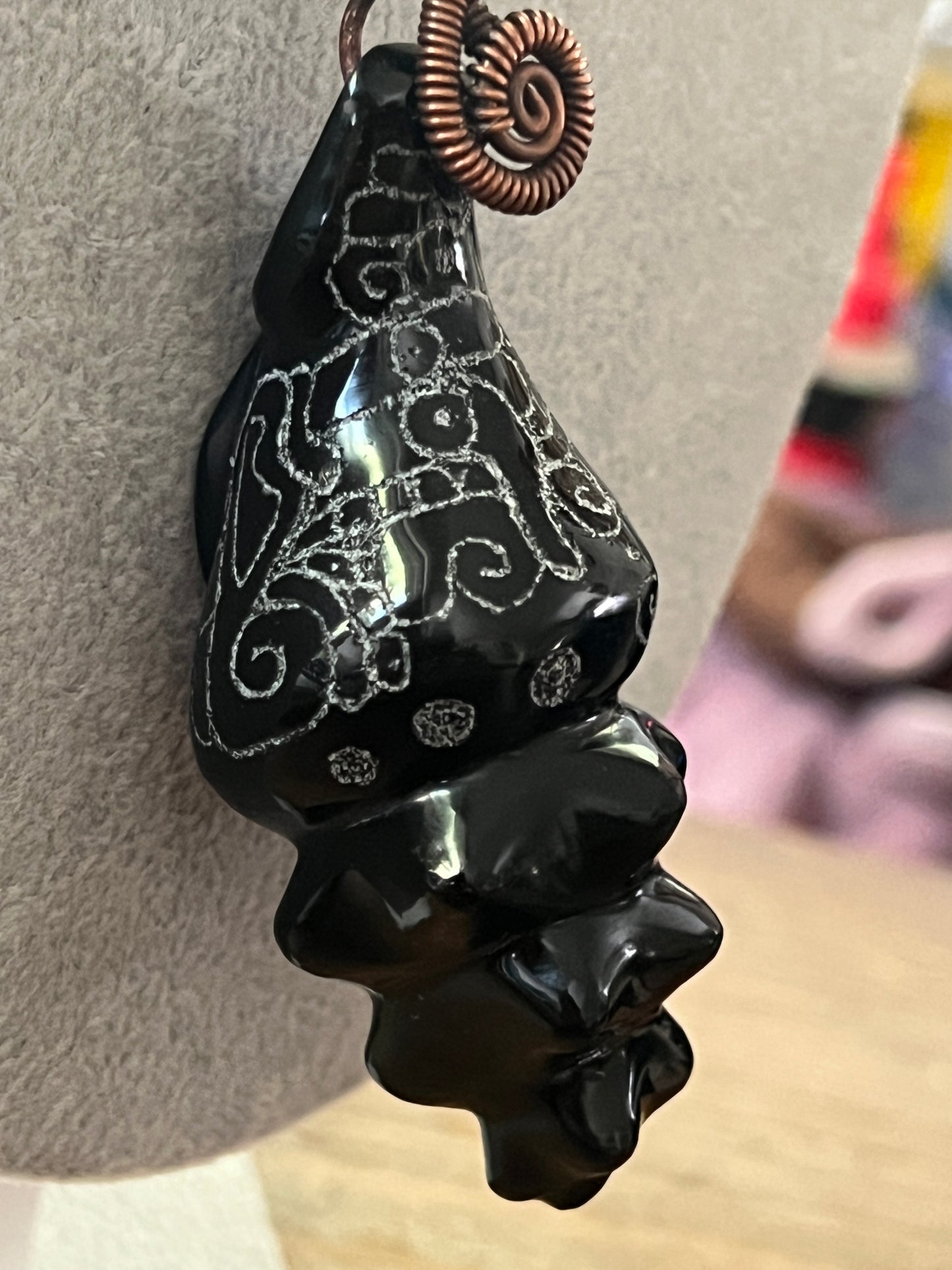 Black Obsidian Carved Conch Sea Shell Necklace, Kukulkan Mayan Necklace 22" Maya, Aztec, Mexica #16