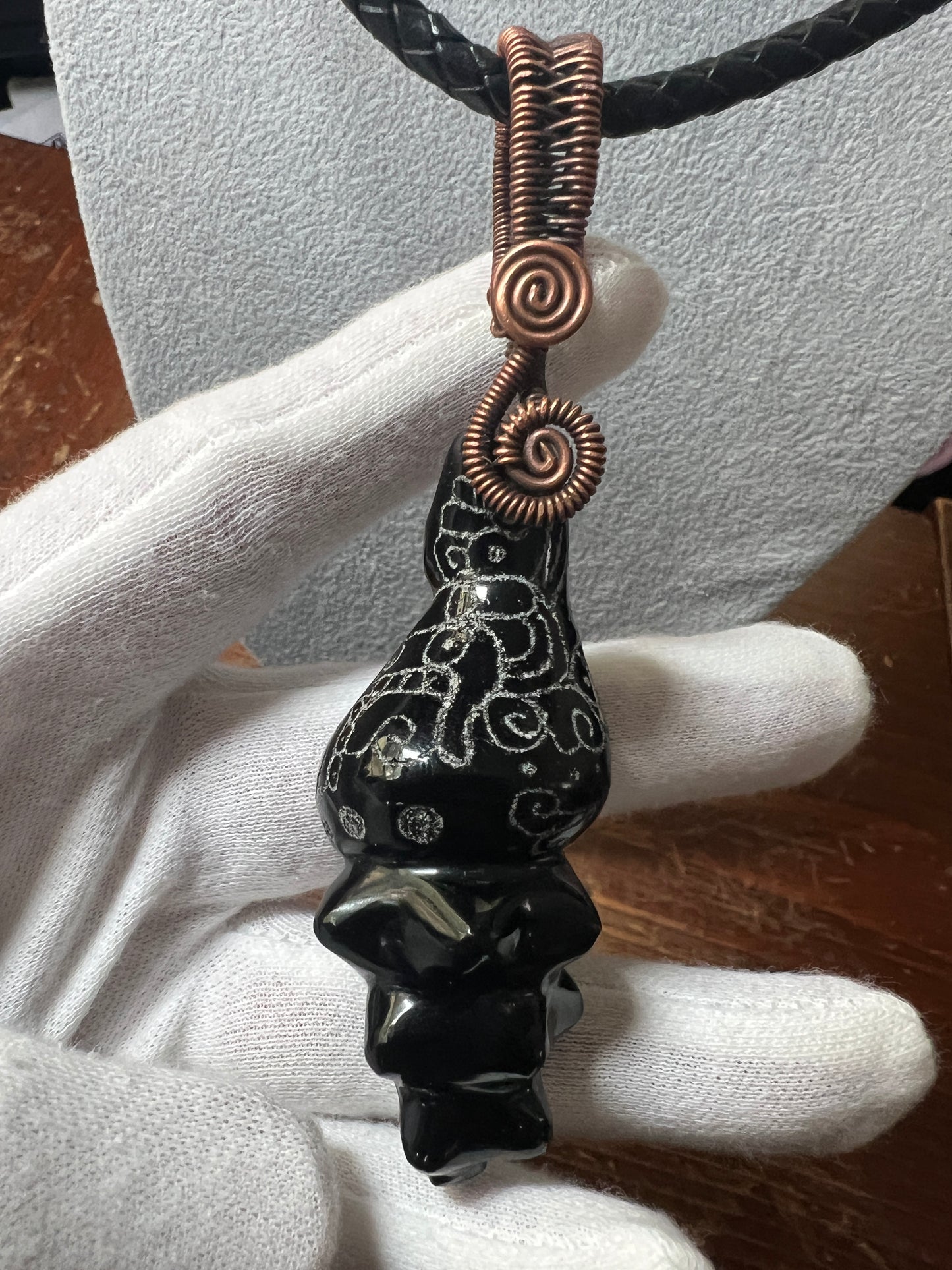 Black Obsidian Carved Conch Sea Shell Necklace, Kukulkan Mayan Necklace 22" Maya, Aztec, Mexica #16