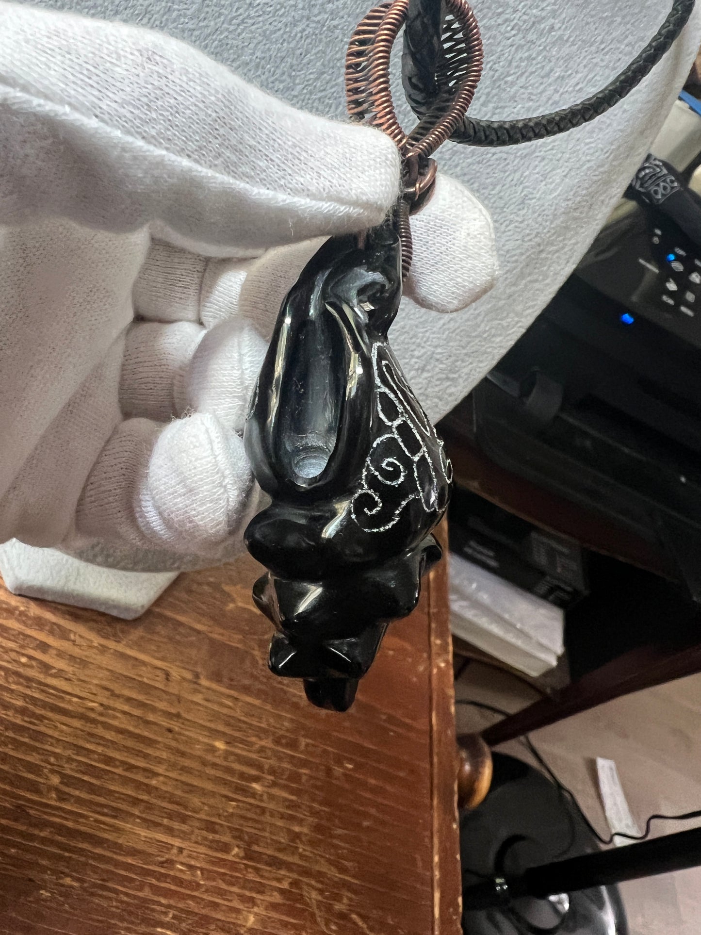 Black Obsidian Carved Conch Sea Shell Necklace, Kukulkan Mayan Necklace 22" Maya, Aztec, Mexica #16