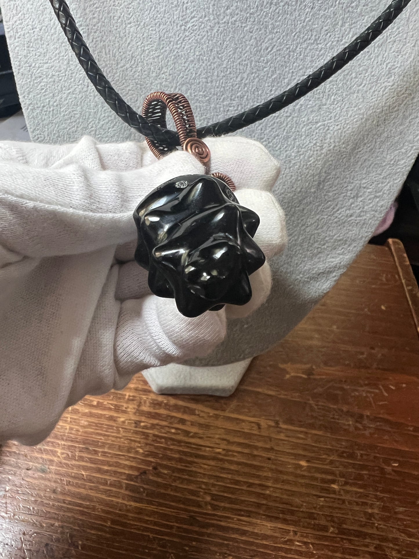 Black Obsidian Carved Conch Sea Shell Necklace, Kukulkan Mayan Necklace 22" Maya, Aztec, Mexica #16