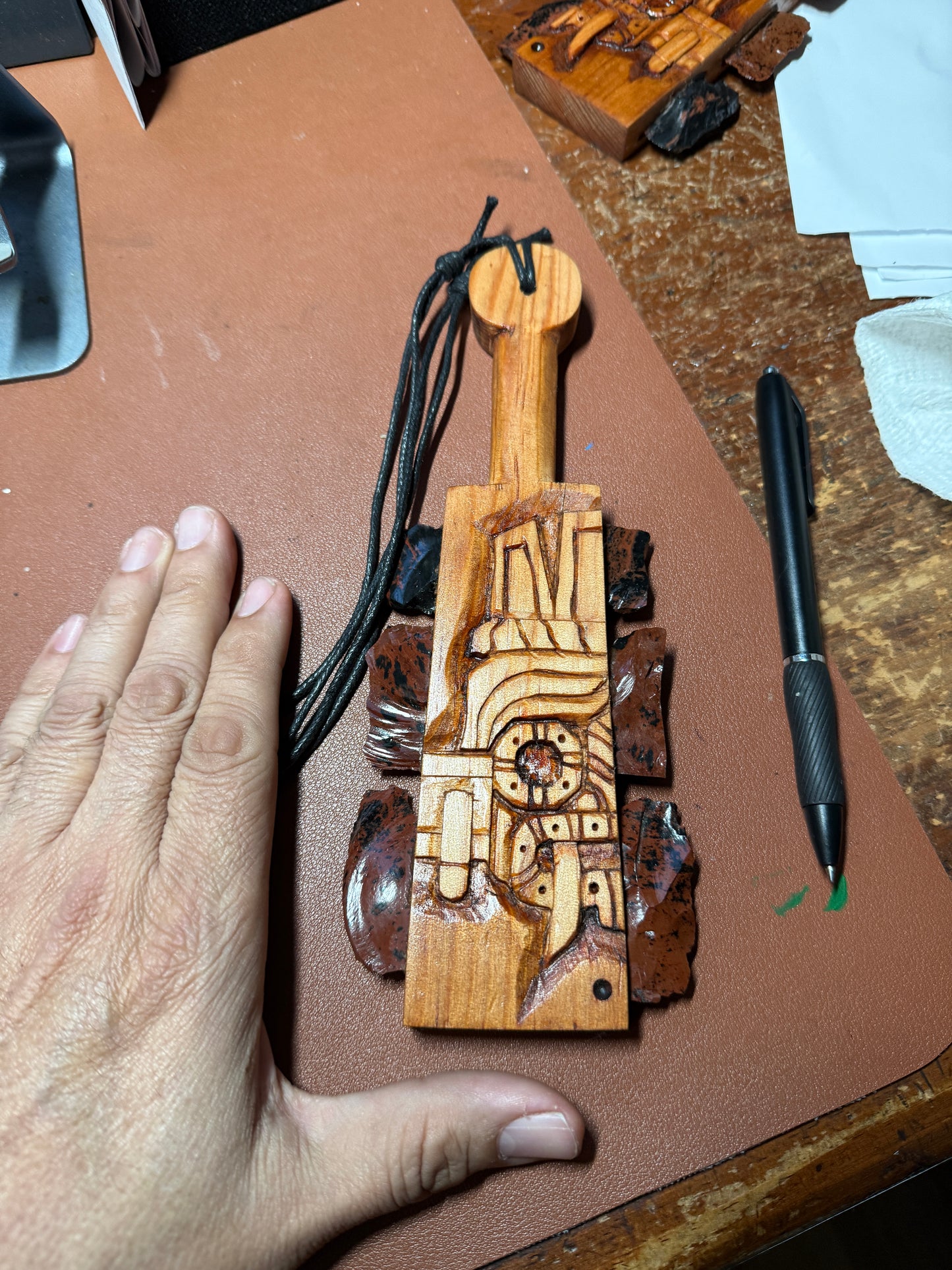 Macuahuitl Necklace, Aztec, TLALOC, Mexican Carved, Mahogany/Black Obsidian Blades, Hangable Art handmade 8.25"