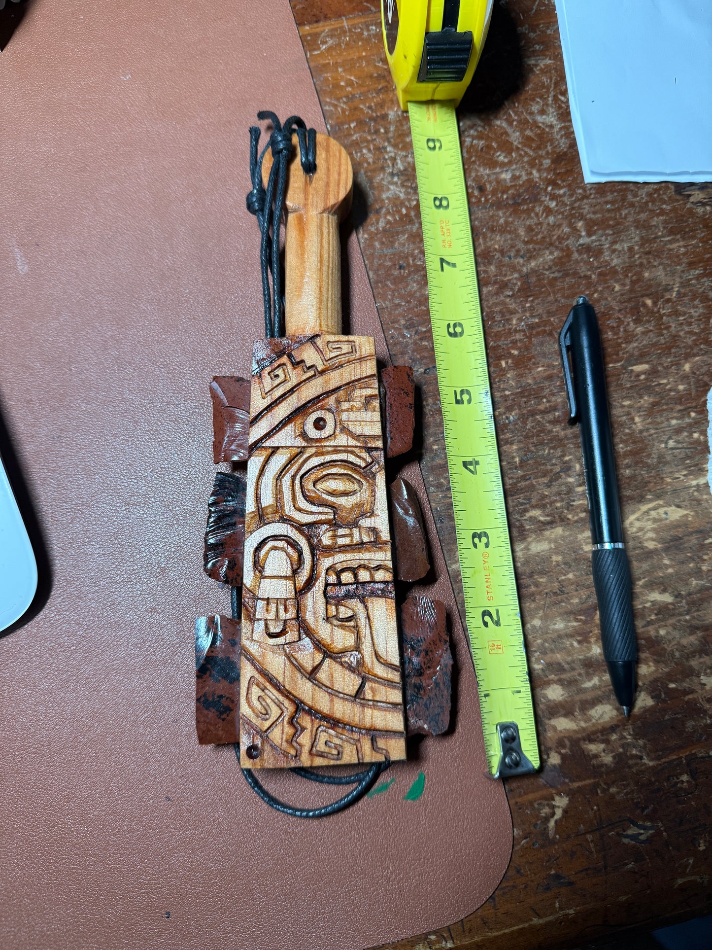 Macuahuitl Necklace, Aztec, TONATIUH, Mexican Carved, MAHOGANY Obsidian Blades, Hangable Art handmade 8.25"