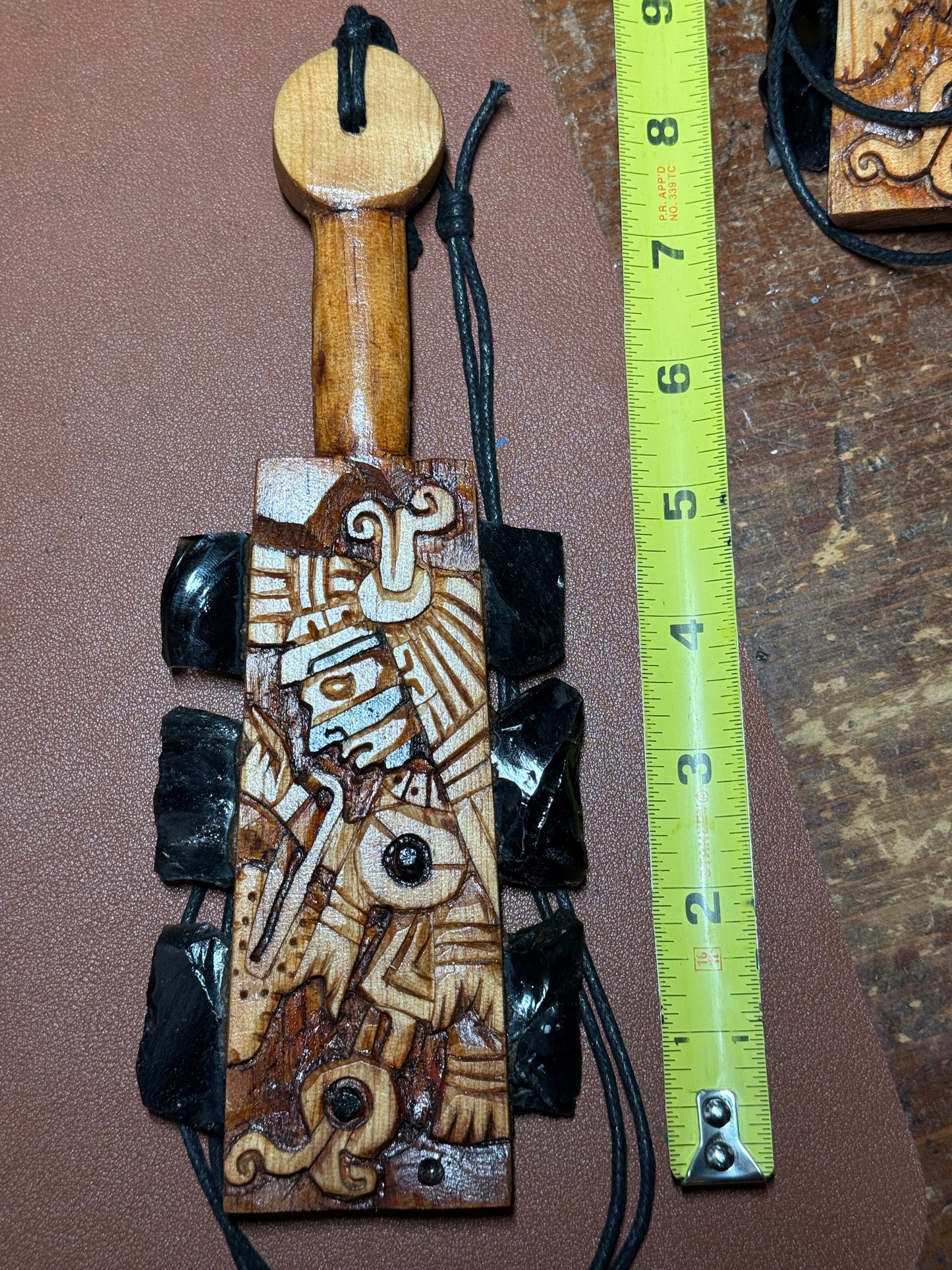Macuahuitl Necklace, Aztec, TEZCATLIPOCA, Mexican Carved, Black Obsidian Blades, Hangable Art handmade 8.25"
