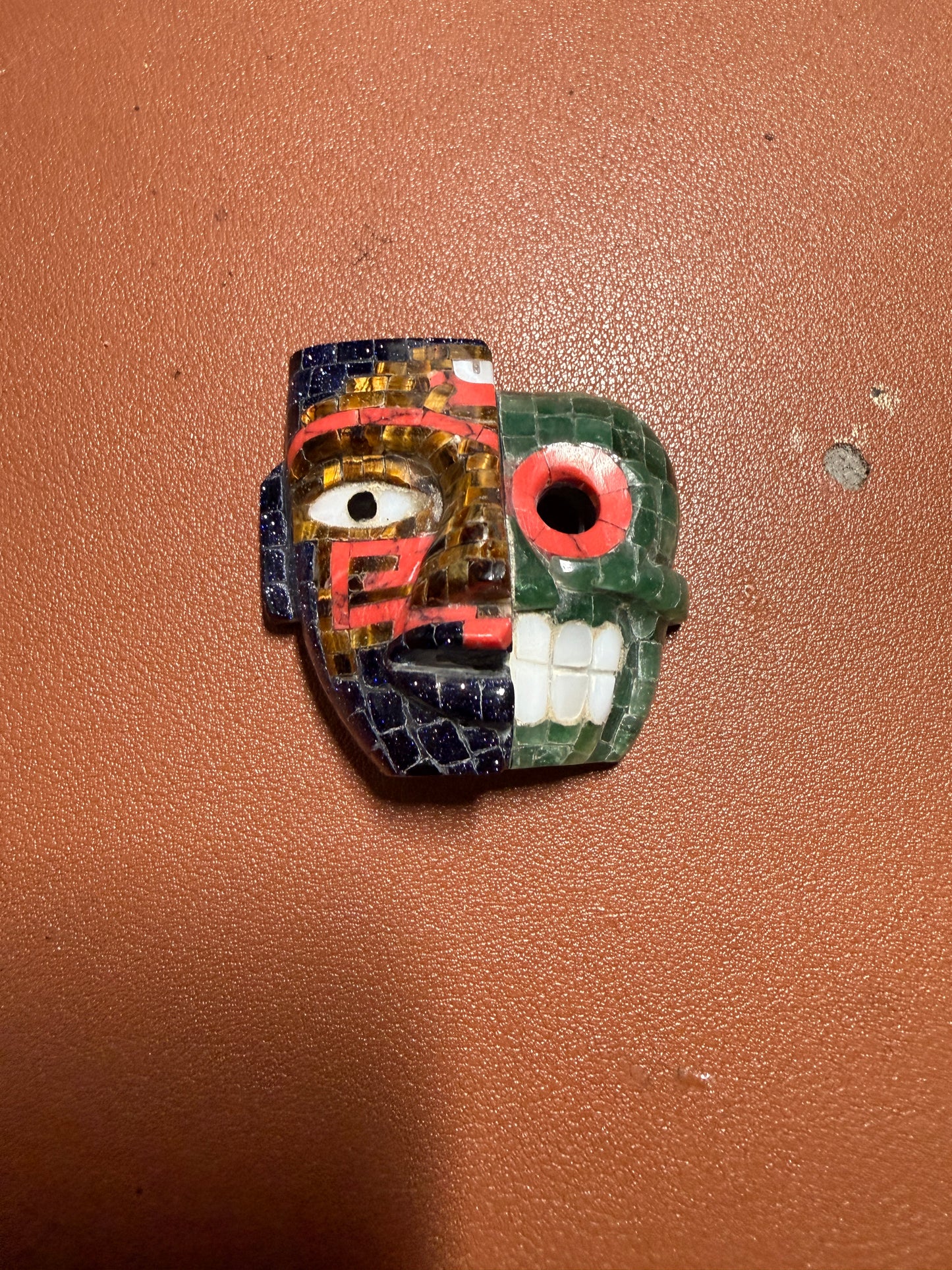 Duality Life & Death Mask Stone Tile Mosaic Pendant, Ancient Mexico #20