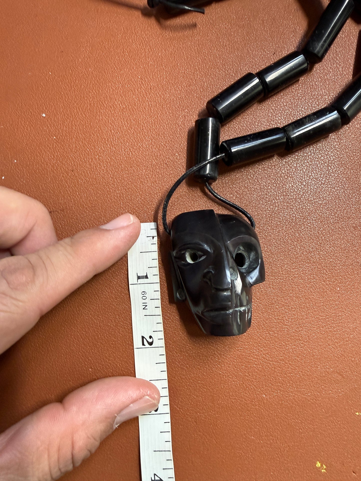 Black Aztec Duality Life & Death Mask Obsidian Necklace, Ancient Mexico #20