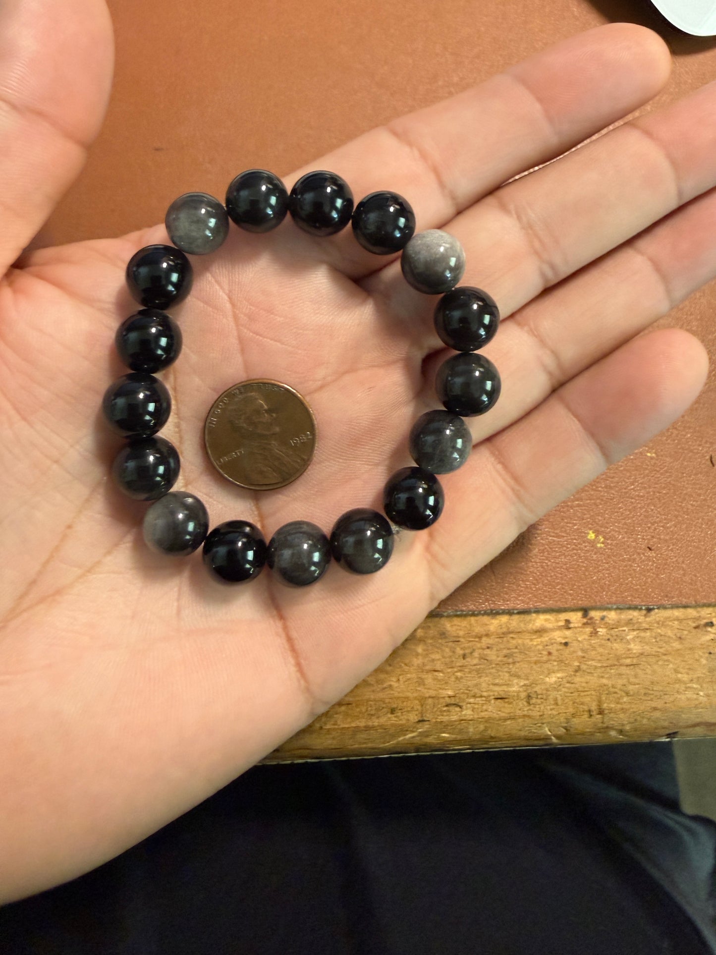 Black Silver Obsidian Beaded Bracelet Women Handmade Natural 7"x10.5mm (#12)