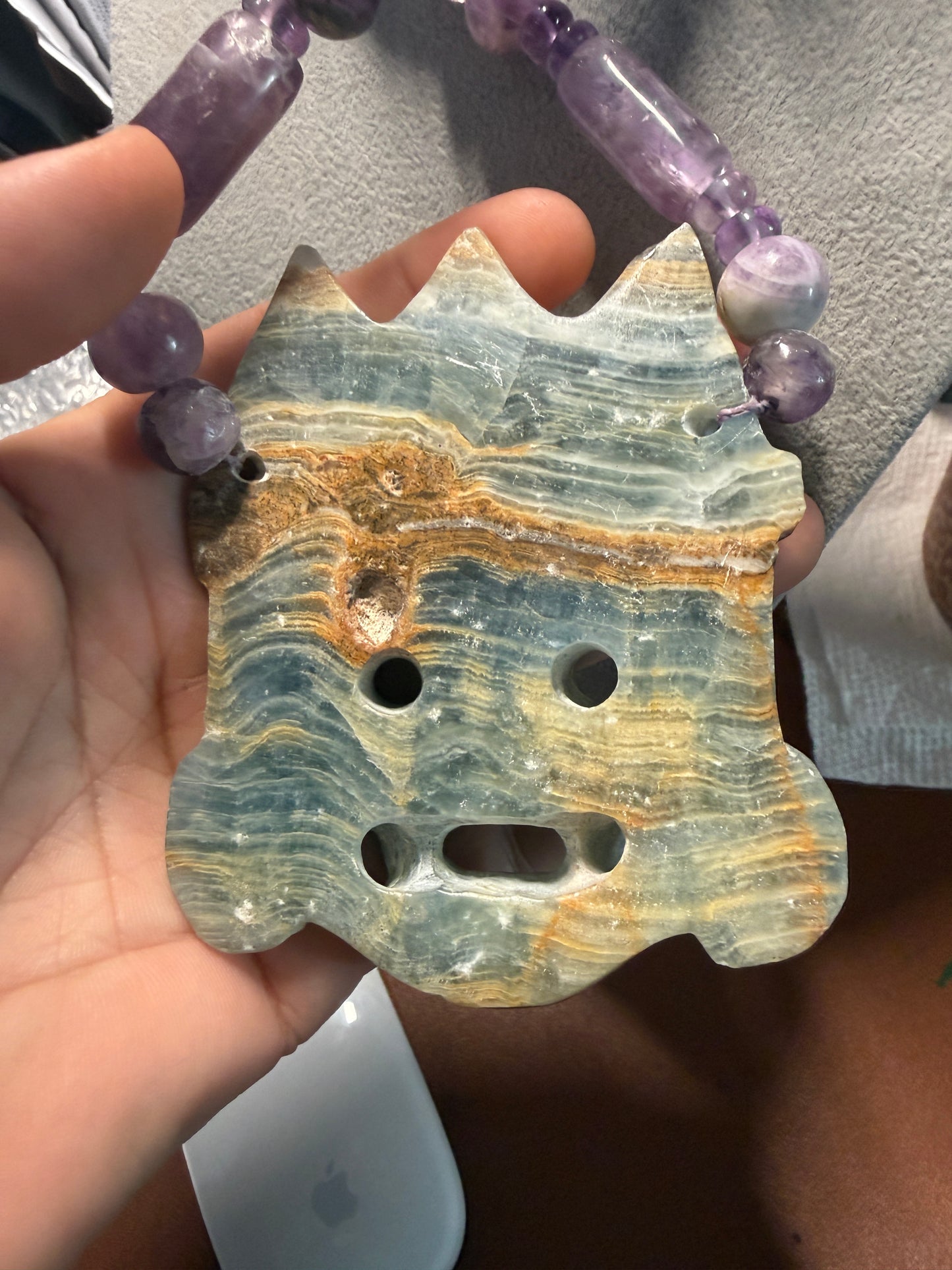 Huge Fluorite Tlaloc Aztec Pendant Necklace, 4", Amethyst Beads, Mexican #41