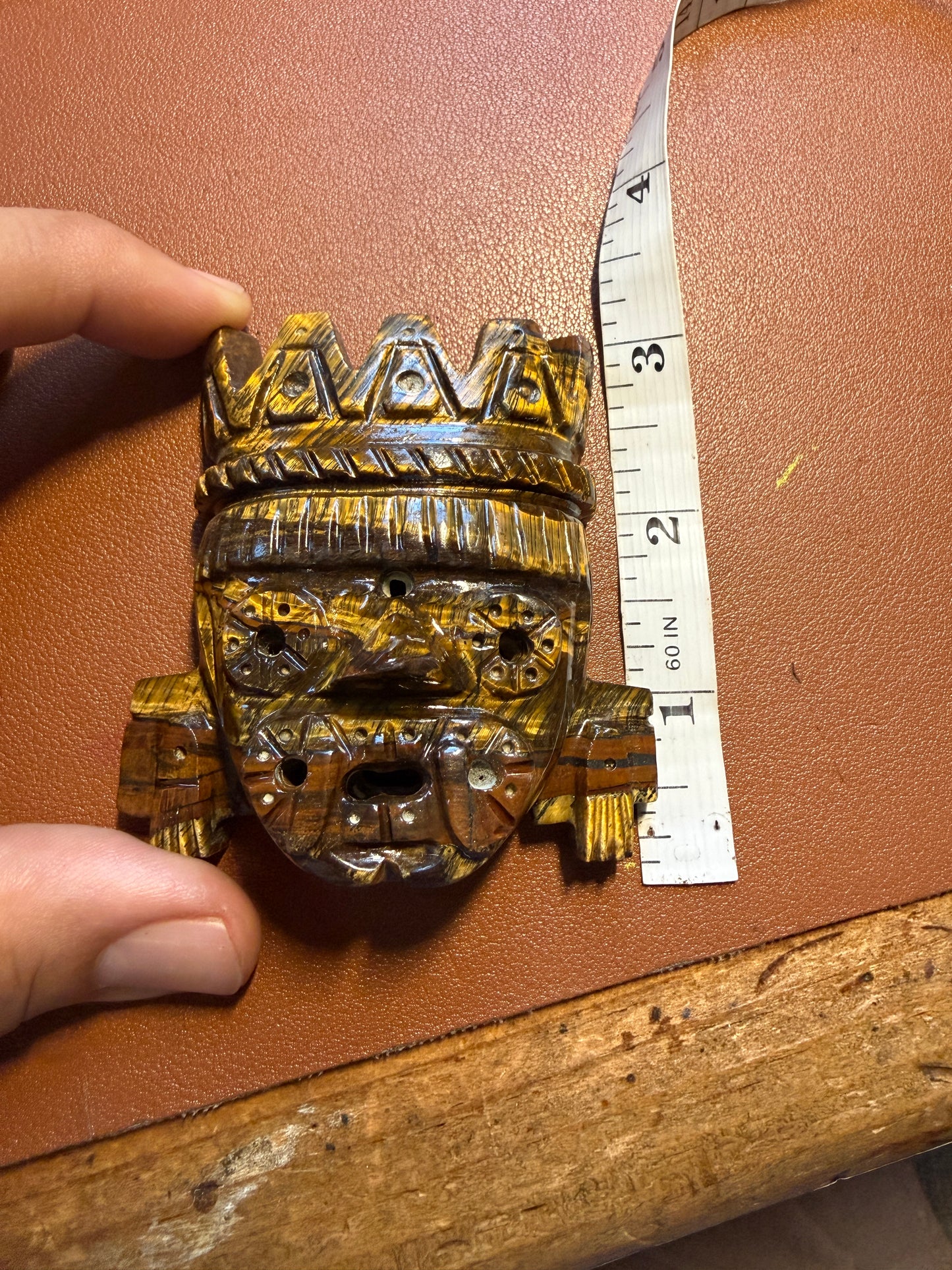 Golden Tlaloc Tiger Eye Stone Pendant 2 3/4", Mexican, Aztec, Native, Tribal #37