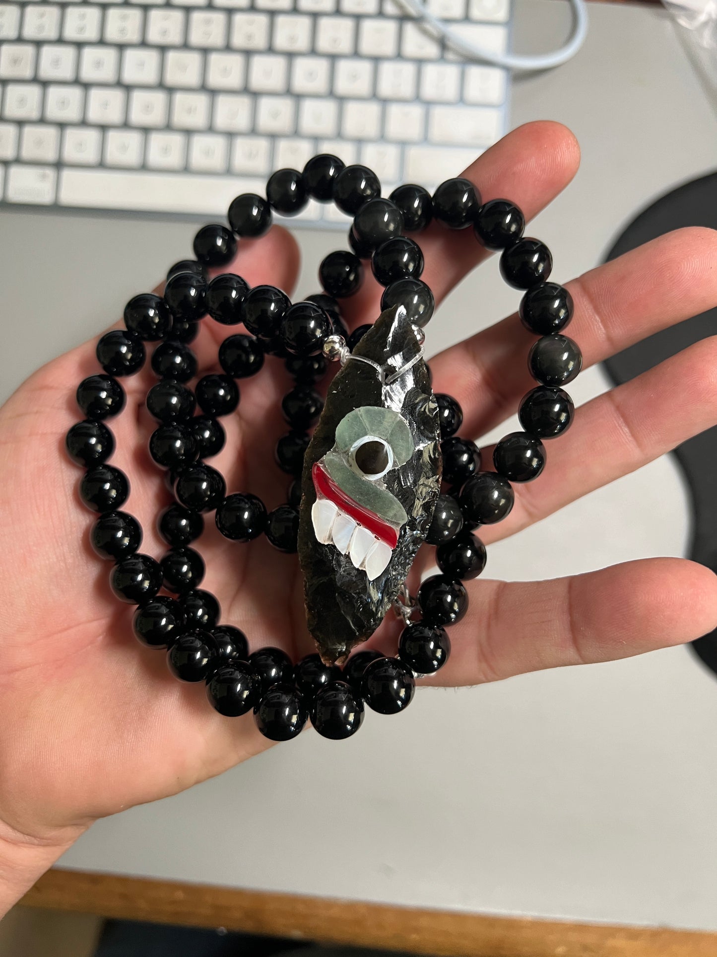 Jade Eyes Tecpatl Aztec Obsidian Pendant Flint Knife, Obsidian Beaded Necklace, Symbol for Sorcery, Shape Shifting Sterling Silver pendants, Mexico (#12)