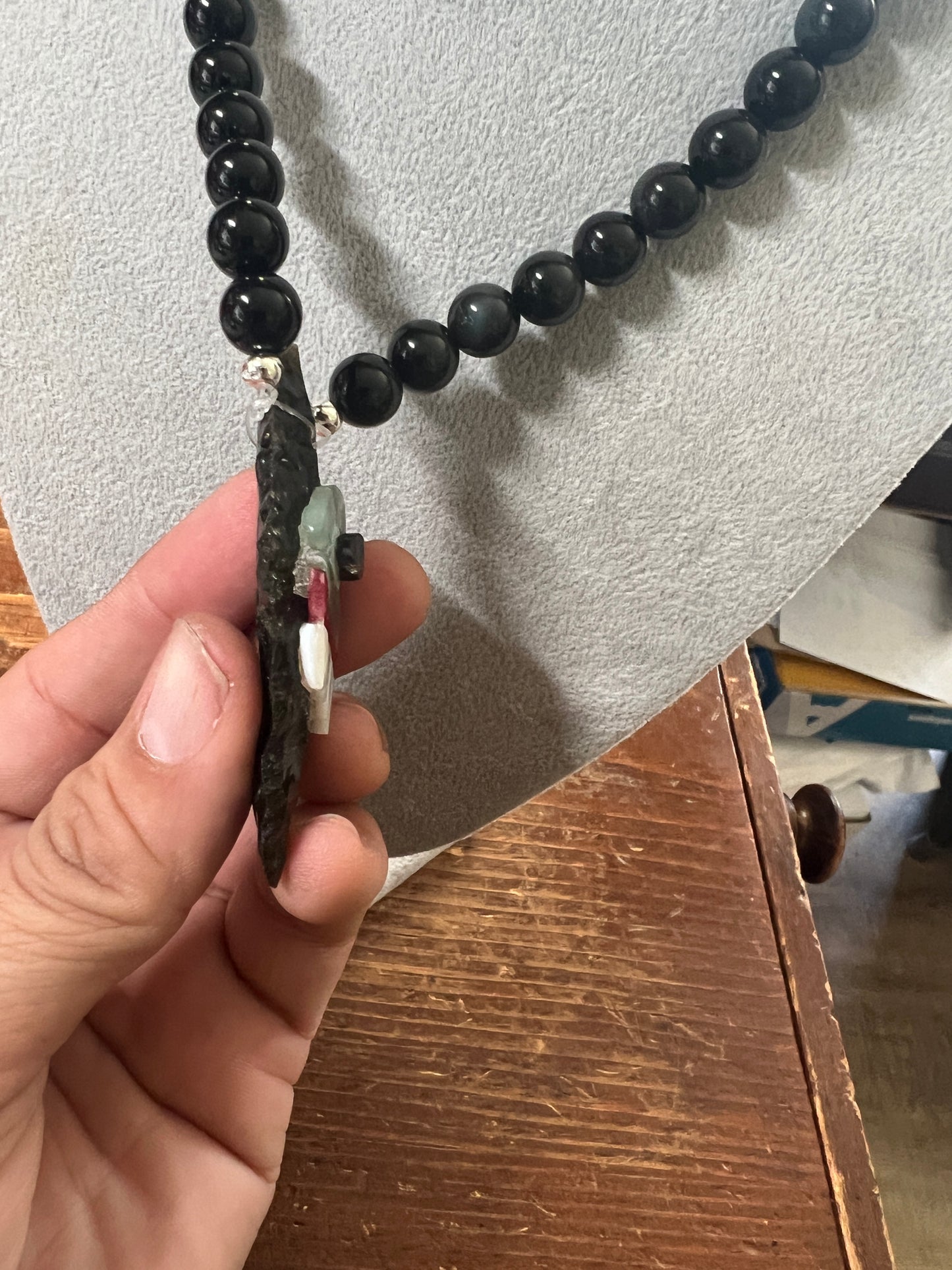 Jade Eyes Tecpatl Aztec Obsidian Pendant Flint Knife, Obsidian Beaded Necklace, Symbol for Sorcery, Shape Shifting Sterling Silver pendants, Mexico (#12)