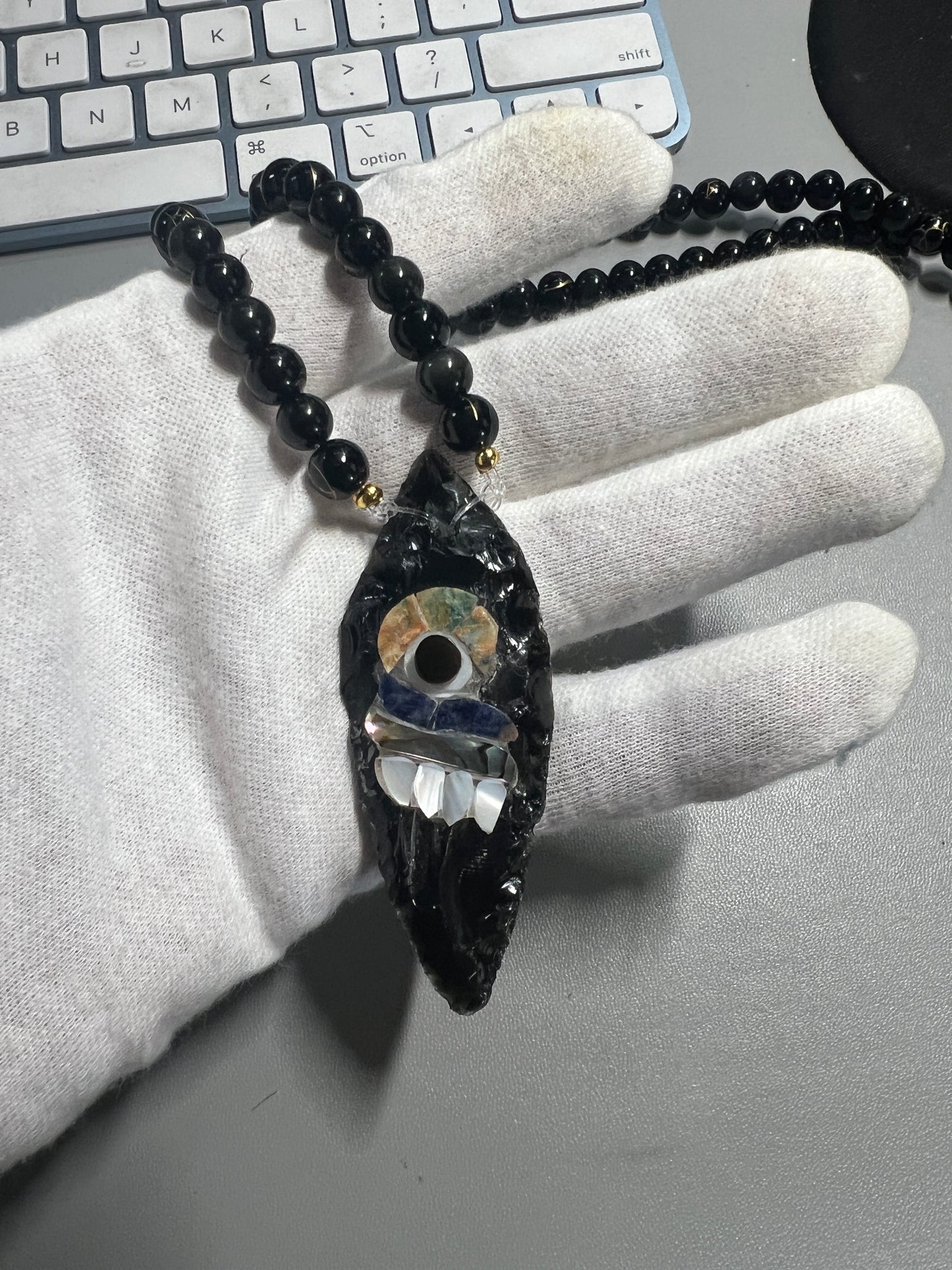 Parakeet Eyes Tecpatl Aztec Obsidian Pendant Flint Knife, Gold Stripe Obsidian Beaded Necklace, Symbol for Sorcery, Shape Shifting Sterling Silver pendants, Mexico (#12)