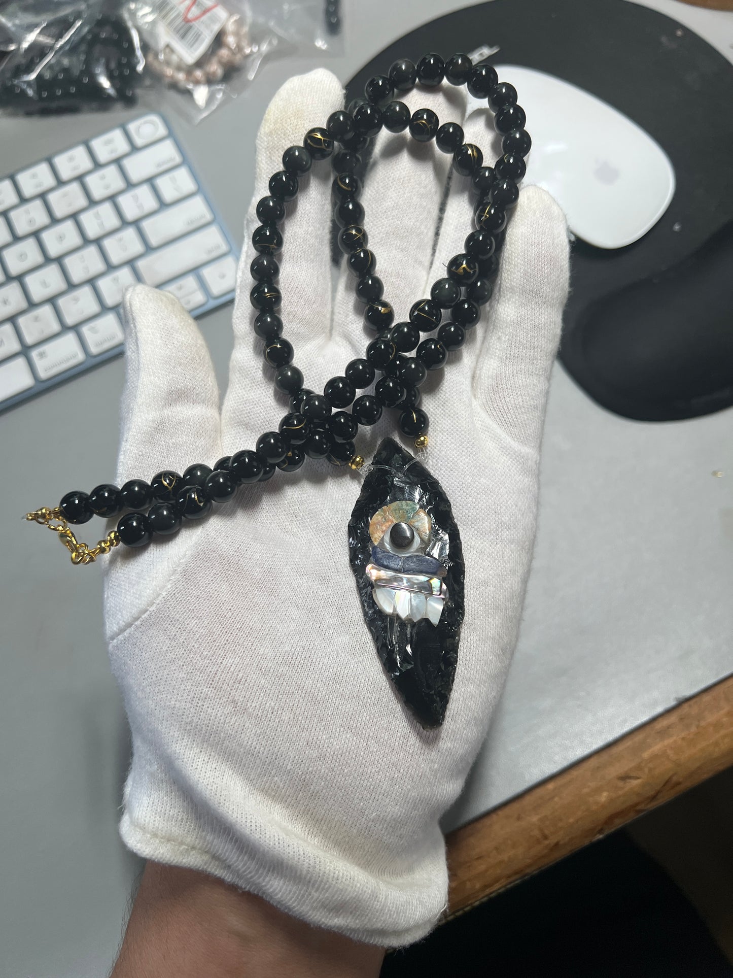 Parakeet Eyes Tecpatl Aztec Obsidian Pendant Flint Knife, Gold Stripe Obsidian Beaded Necklace, Symbol for Sorcery, Shape Shifting Sterling Silver pendants, Mexico (#12)