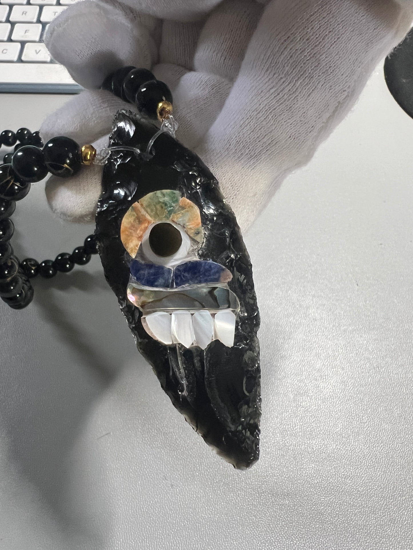 Parakeet Eyes Tecpatl Aztec Obsidian Pendant Flint Knife, Gold Stripe Obsidian Beaded Necklace, Symbol for Sorcery, Shape Shifting Sterling Silver pendants, Mexico (#12)