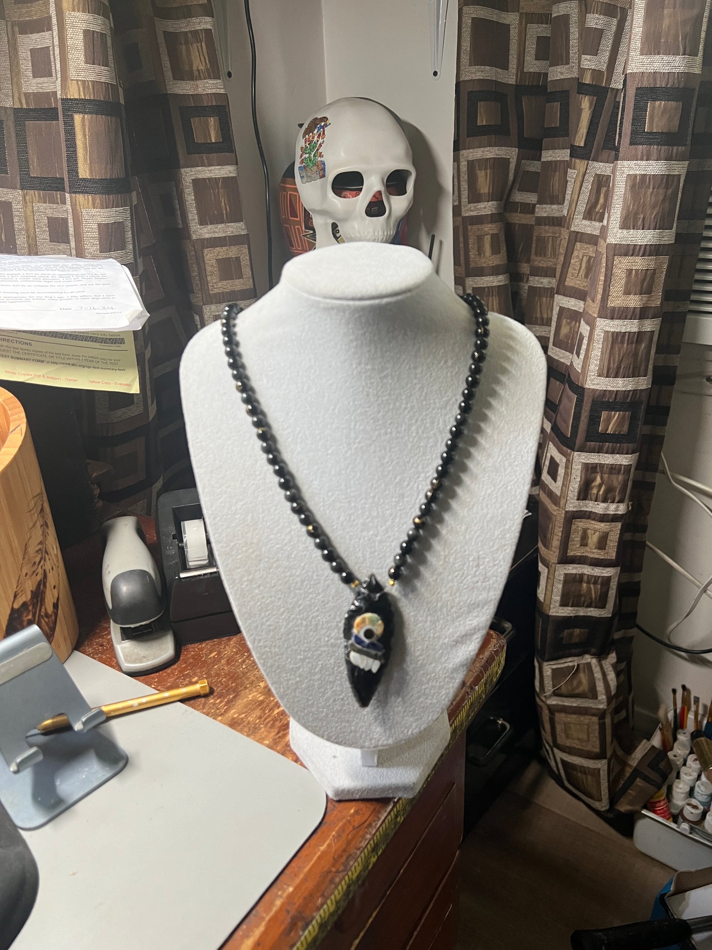 Parakeet Eyes Tecpatl Aztec Obsidian Pendant Flint Knife, Gold Stripe Obsidian Beaded Necklace, Symbol for Sorcery, Shape Shifting Sterling Silver pendants, Mexico (#12)