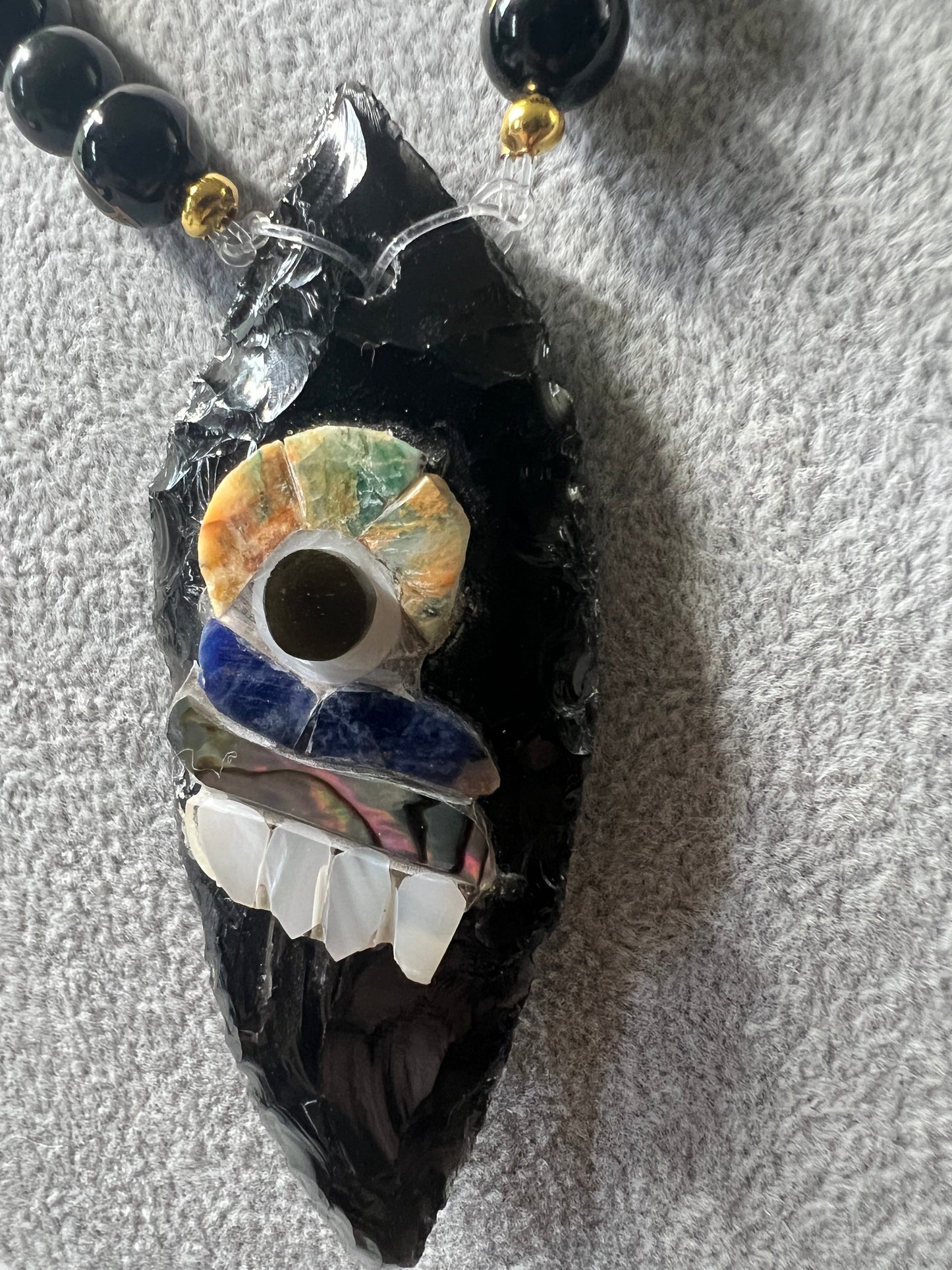 Parakeet Eyes Tecpatl Aztec Obsidian Pendant Flint Knife, Gold Stripe Obsidian Beaded Necklace, Symbol for Sorcery, Shape Shifting Sterling Silver pendants, Mexico (#12)