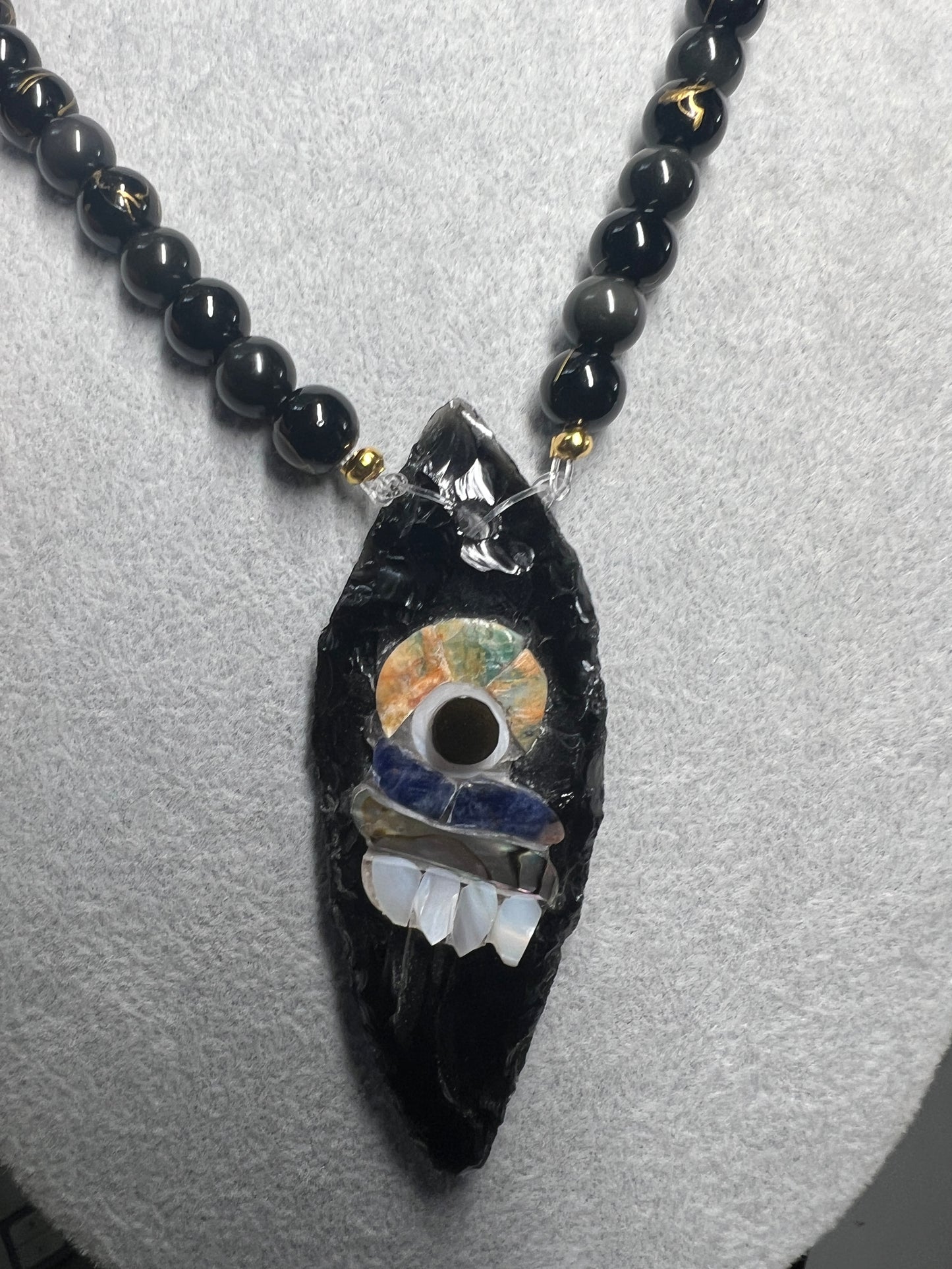 Parakeet Eyes Tecpatl Aztec Obsidian Pendant Flint Knife, Gold Stripe Obsidian Beaded Necklace, Symbol for Sorcery, Shape Shifting Sterling Silver pendants, Mexico (#12)