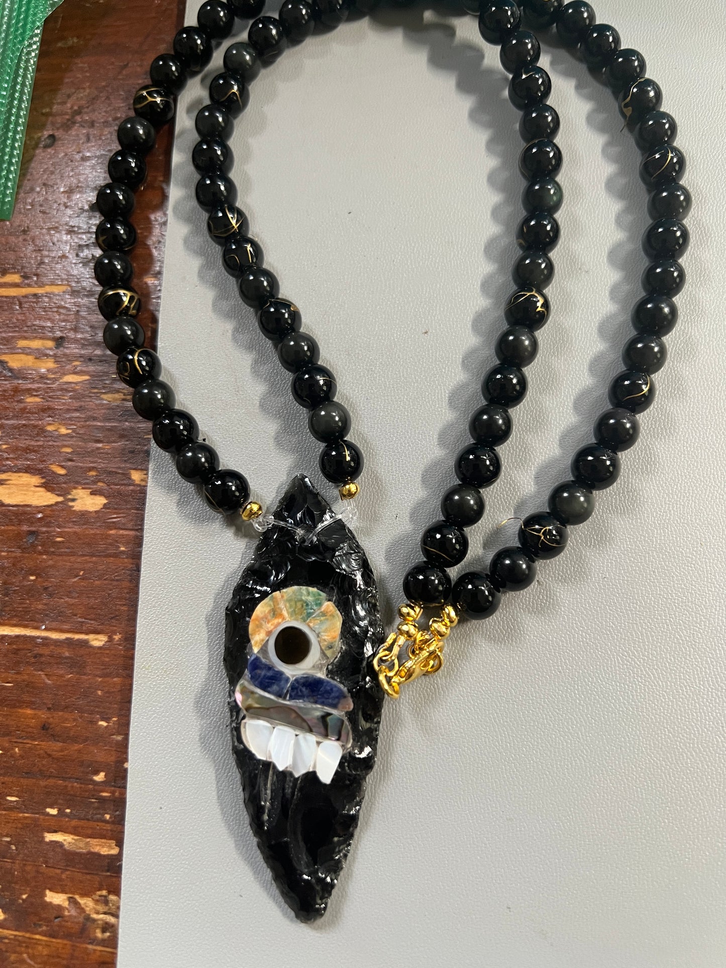Parakeet Eyes Tecpatl Aztec Obsidian Pendant Flint Knife, Gold Stripe Obsidian Beaded Necklace, Symbol for Sorcery, Shape Shifting Sterling Silver pendants, Mexico (#12)