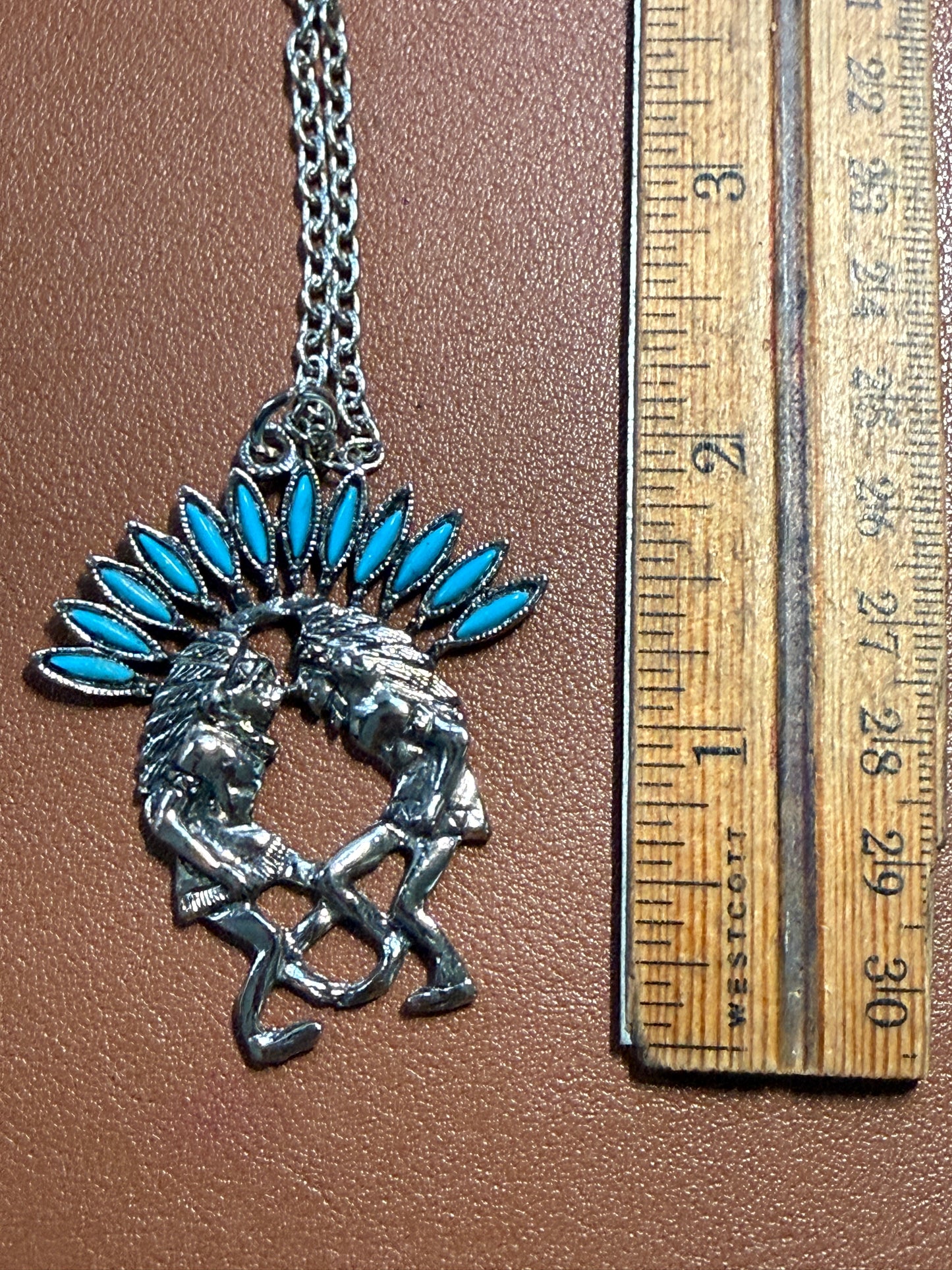 Native American Pendant Necklace, Chiefs, Headdress, Stainless Steel 25" long #12
