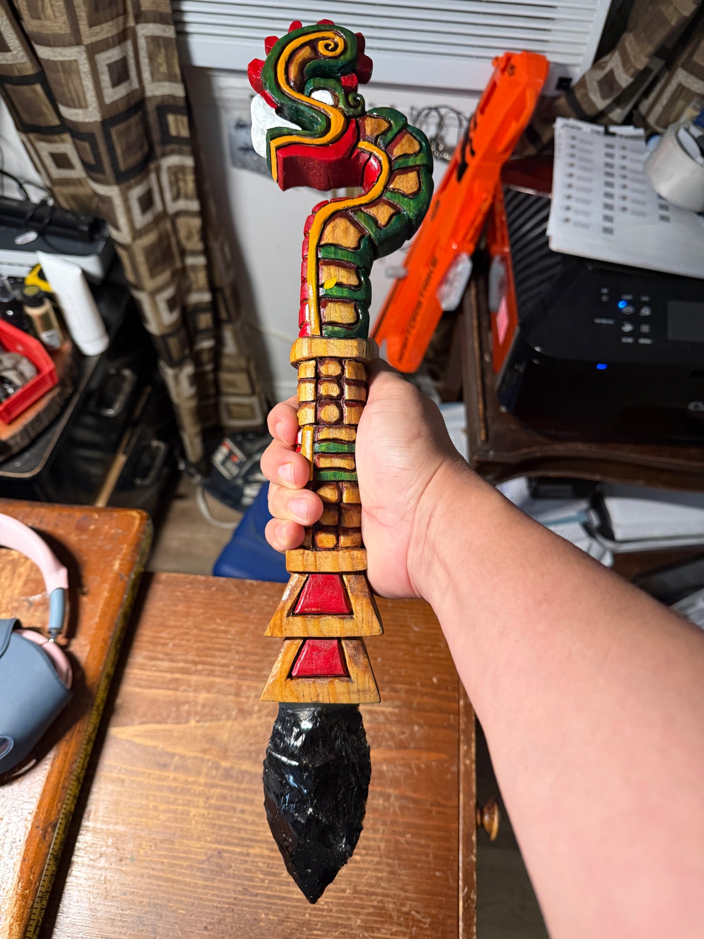 Huitzilopochtli's Fire Serpent Dagger, XIUHCOATL, Deep Wood Carved, Obsidian 18"