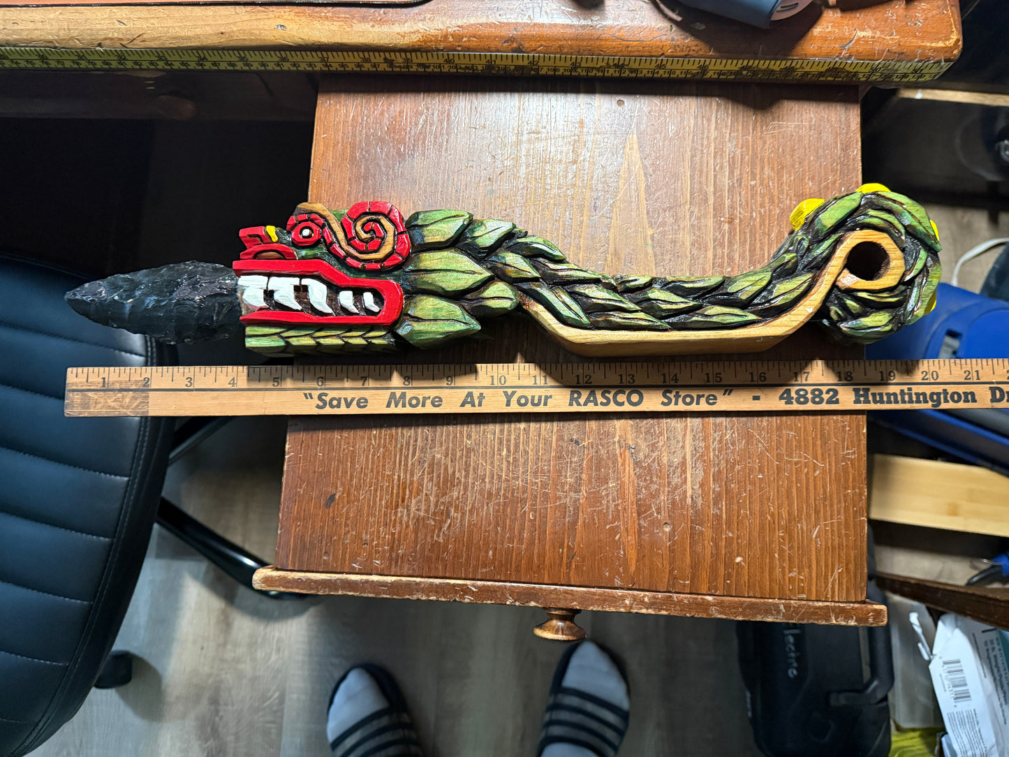 Quetzalcoatl Kukulkan Dagger, Deep Wood Carved, Painted, Azteca Obsidian Knife, Mexica Sacrificial Knives, Mayan Replica Artifacts