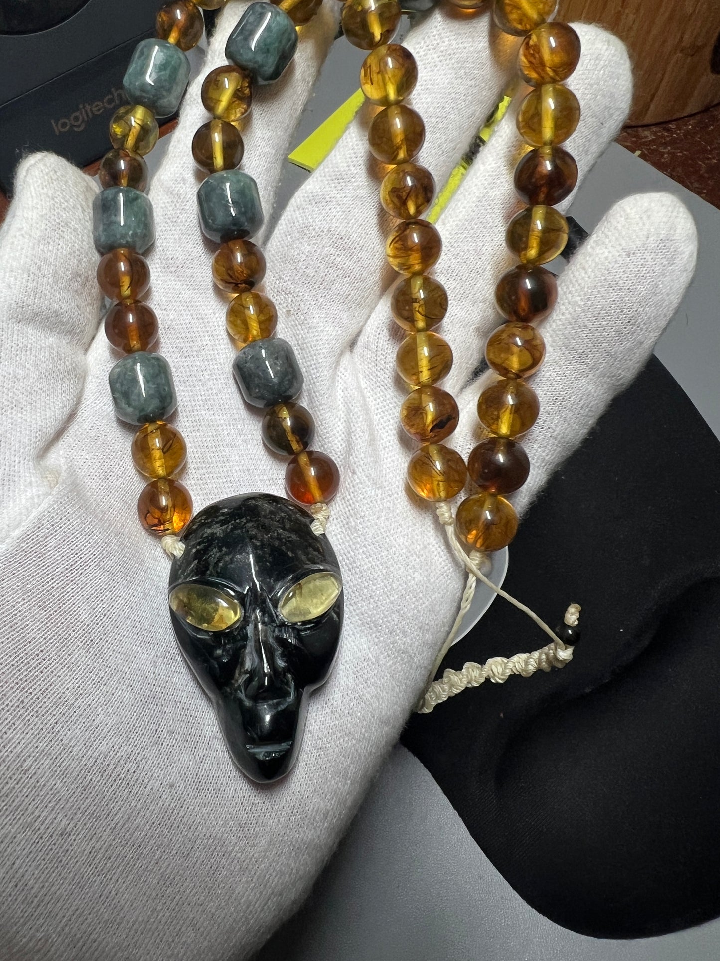 Jade Alien Head, Amber Eyes and Beads, Mexico, Replica Artifacts, UFOs, ETs, #14