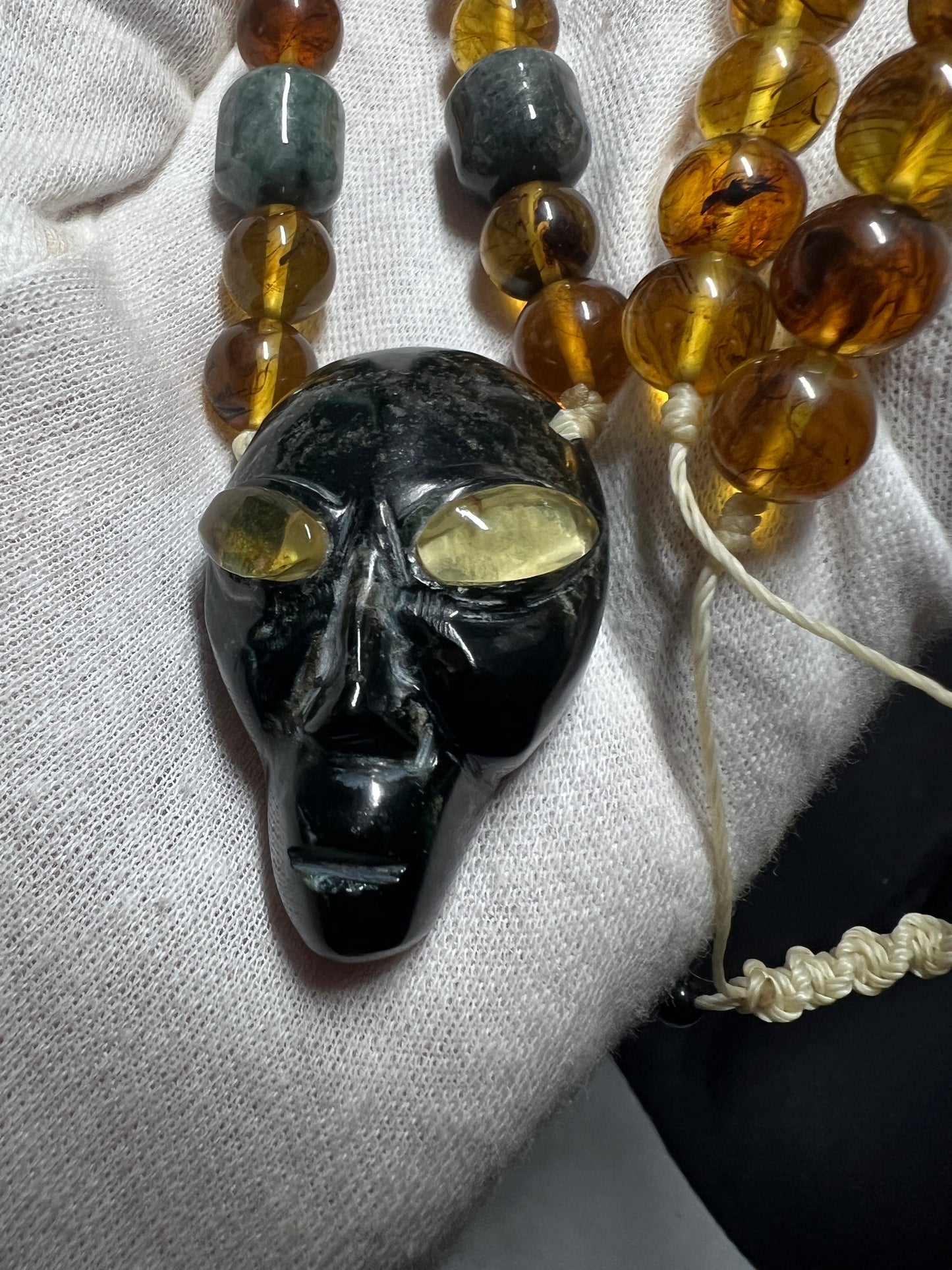 Jade Alien Head, Amber Eyes and Beads, Mexico, Replica Artifacts, UFOs, ETs, #14