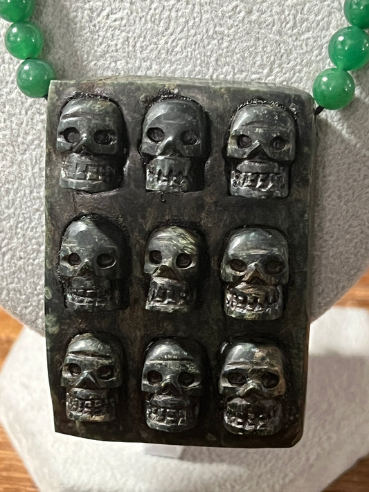 Aztec Tzompantli Skull Rack Serpentine Pendant, Aventurine and Obsidian Beads, adjustable (#13)