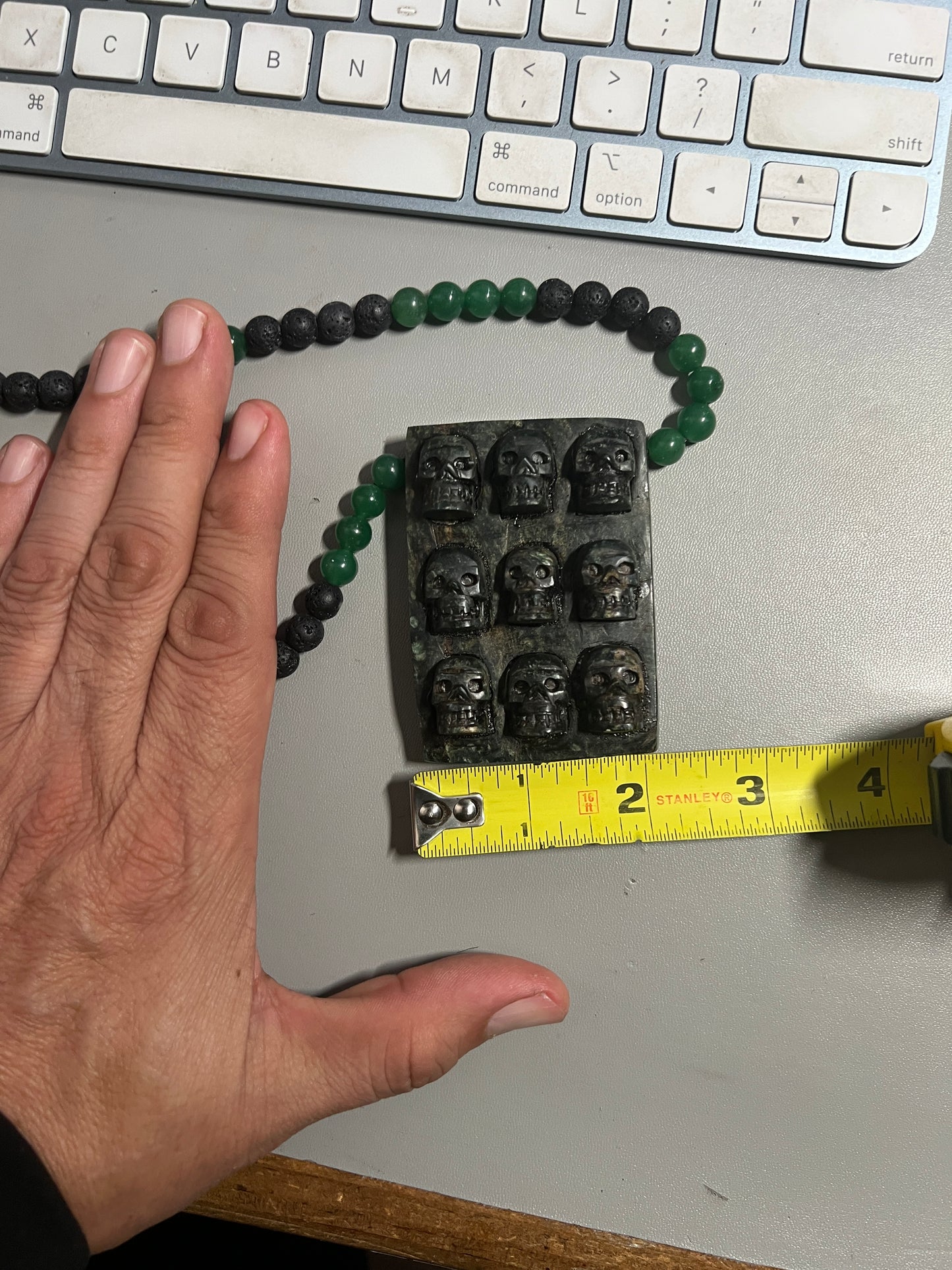 Aztec Tzompantli Skull Rack Serpentine Pendant, Aventurine and Obsidian Beads, adjustable (#13)