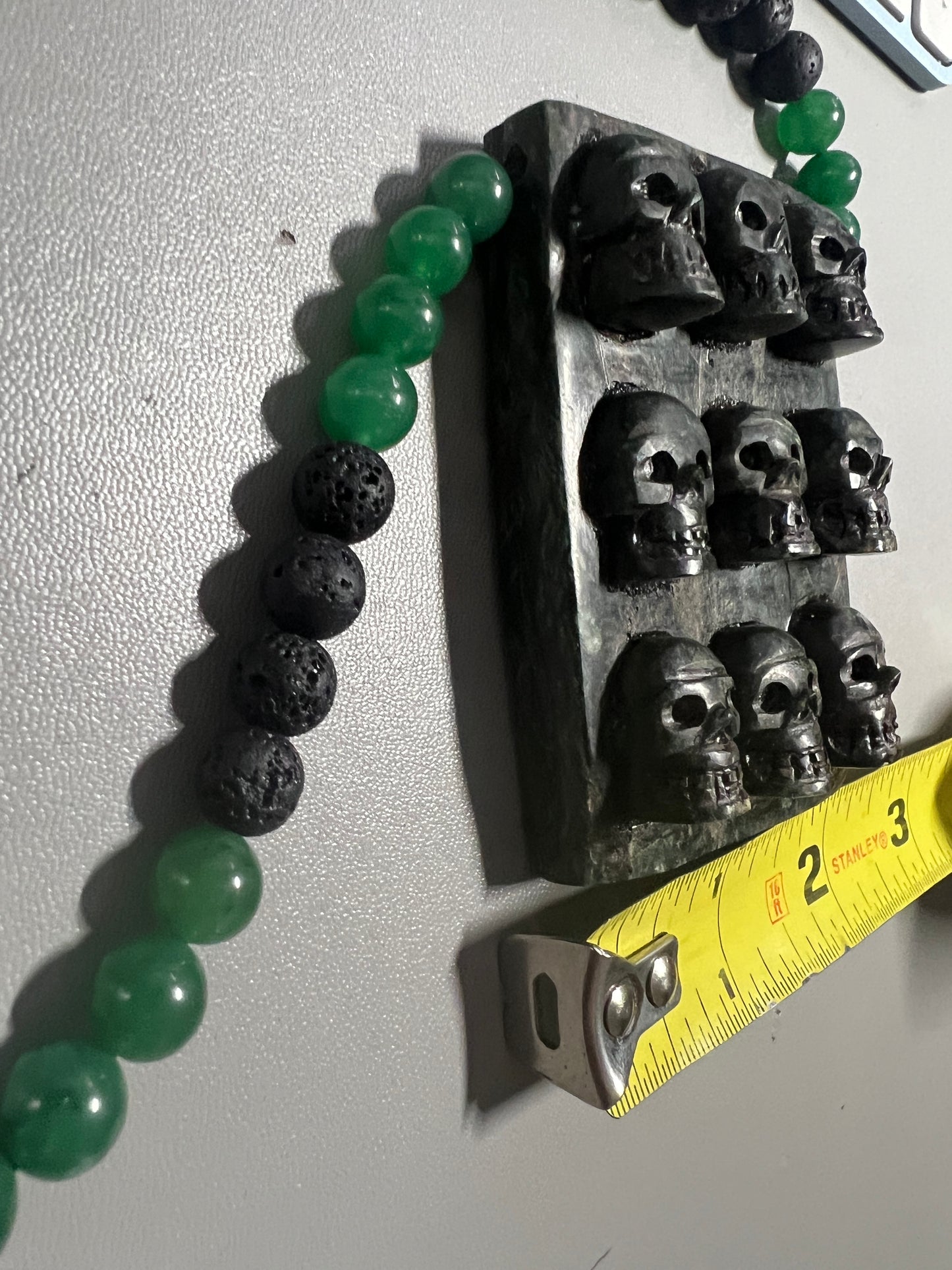 Aztec Tzompantli Skull Rack Serpentine Pendant, Aventurine and Obsidian Beads, adjustable (#13)