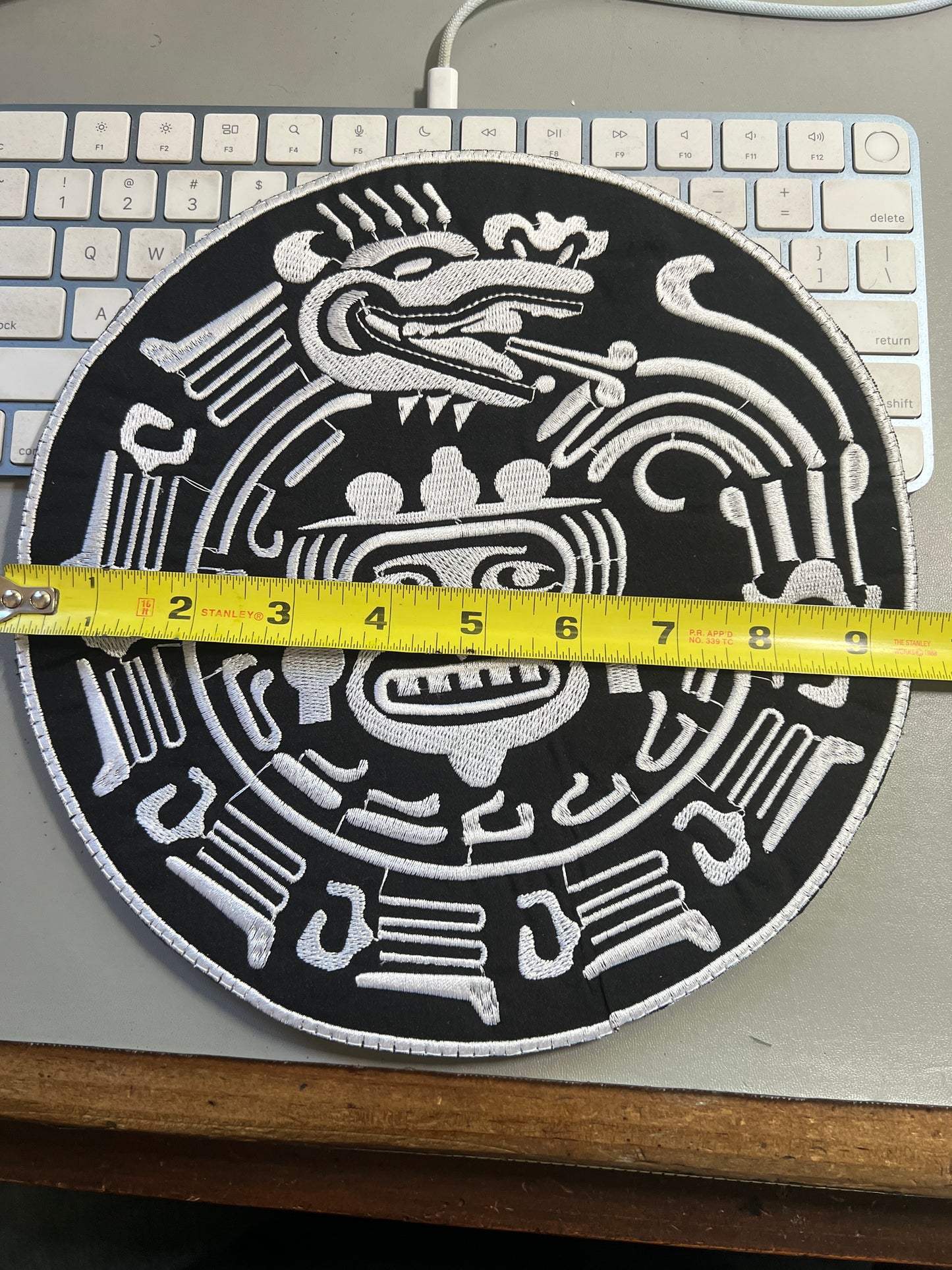 Large Tonatiuh Quetzalcoatl Patch, 9 3/4", Black White Aztec Calendar, Mexica, Patches #28