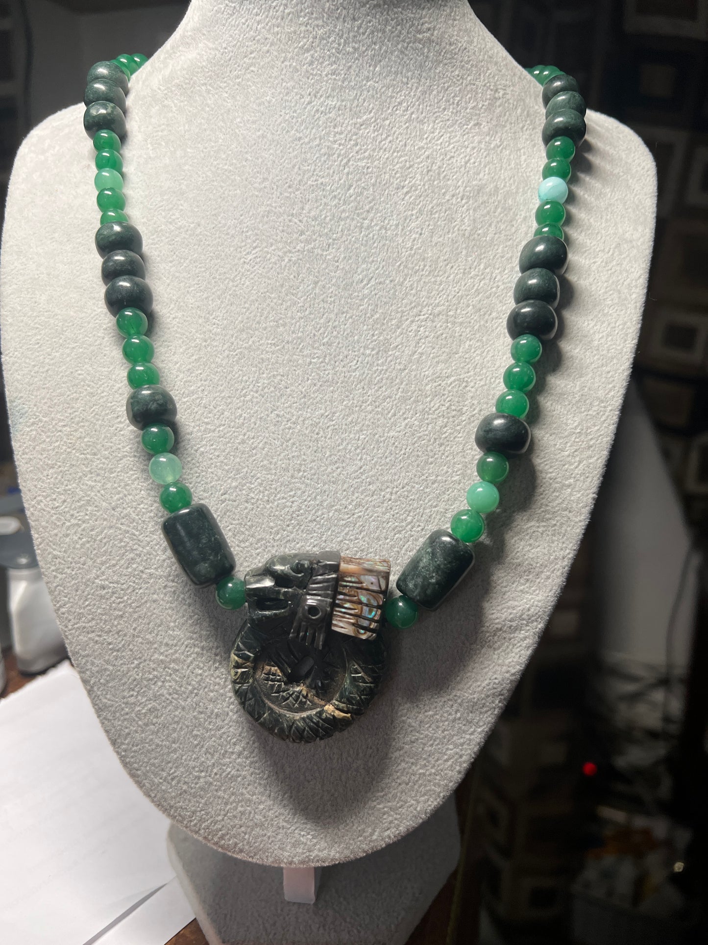 Mayan Kukulkan Azteca Quetzalcoatl, Serpentine, Mother of Pearl, Aventurine Necklace Mexican, Mexico #9
