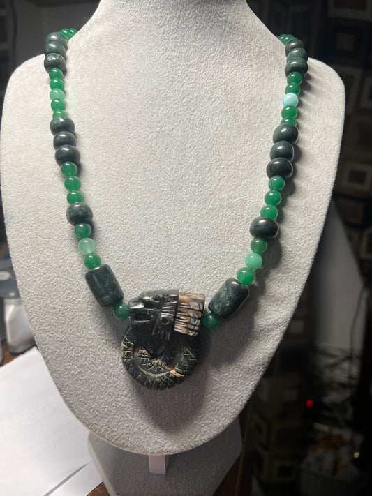 Mayan Kukulkan Azteca Quetzalcoatl, Serpentine, Mother of Pearl, Aventurine Necklace Mexican, Mexico #9