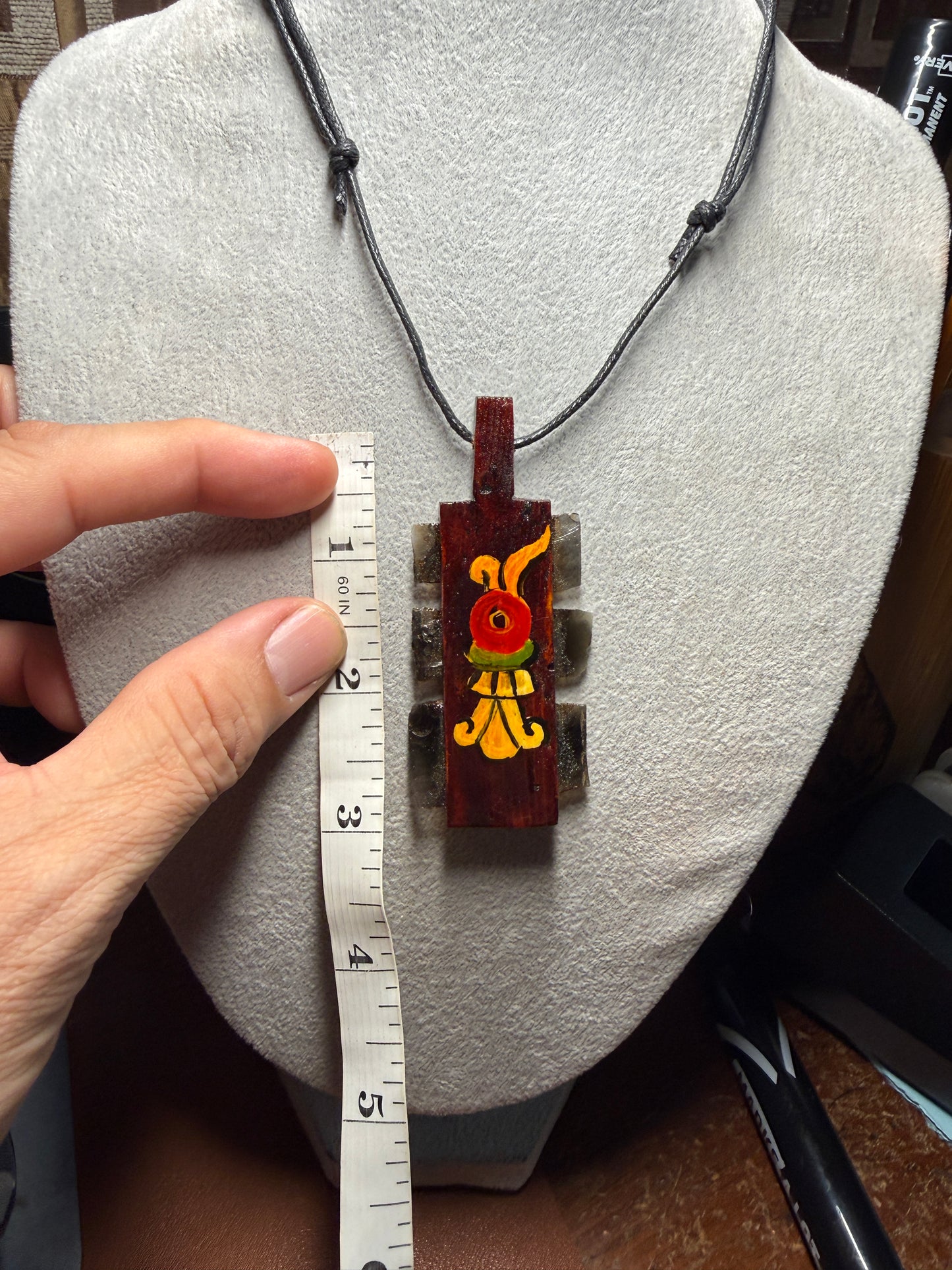 Mini Macuahuitl Necklace, Real Obsidian, Aztec Reed Acatl Design, Handmade, Mexico (Xa6)