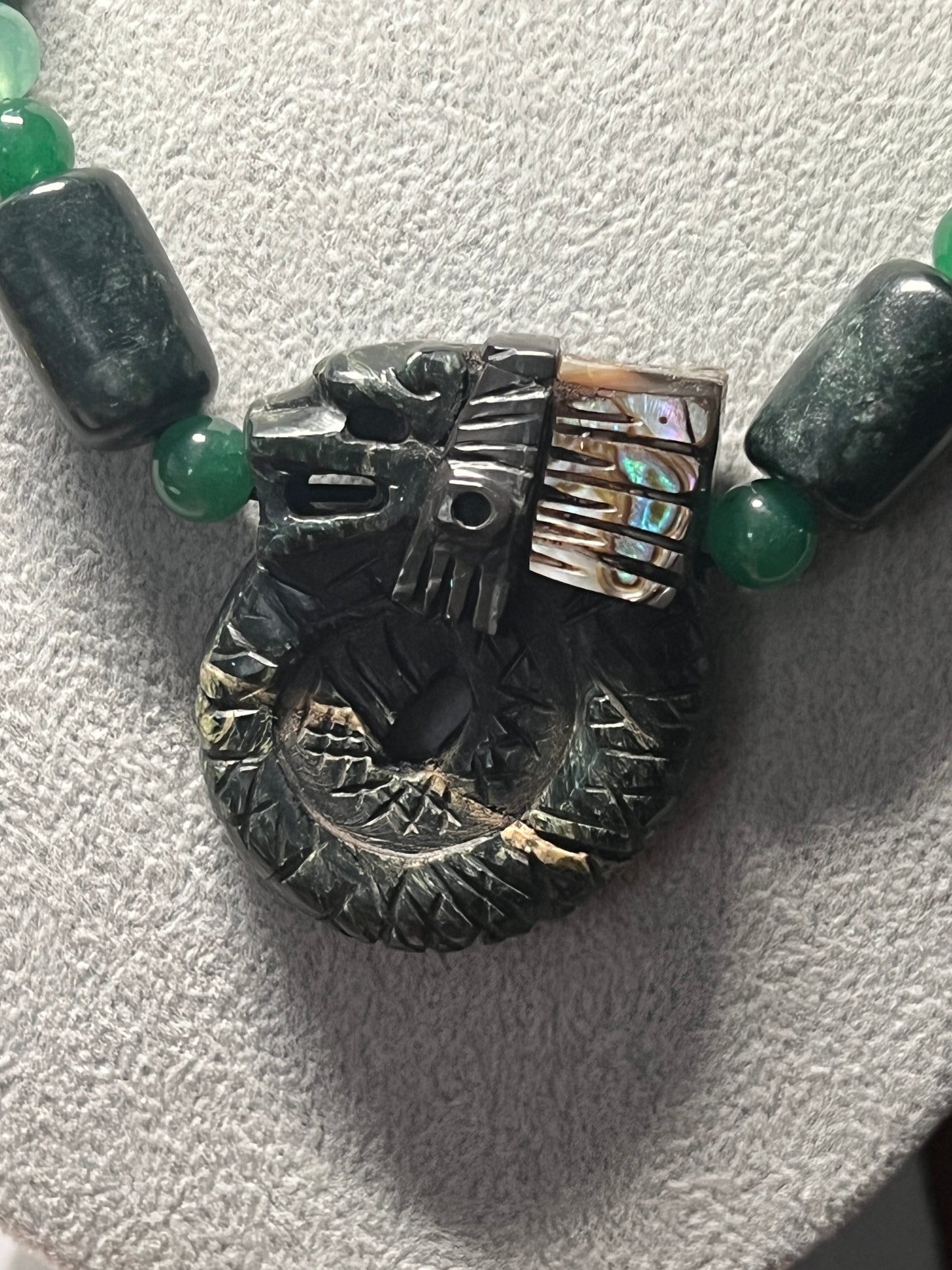 Mayan Kukulkan Azteca Quetzalcoatl, Serpentine, Mother of Pearl, Aventurine Necklace Mexican, Mexico #9