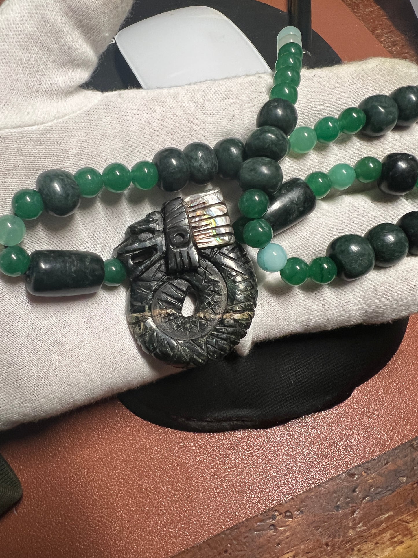 Mayan Kukulkan Azteca Quetzalcoatl, Serpentine, Mother of Pearl, Aventurine Necklace Mexican, Mexico #9