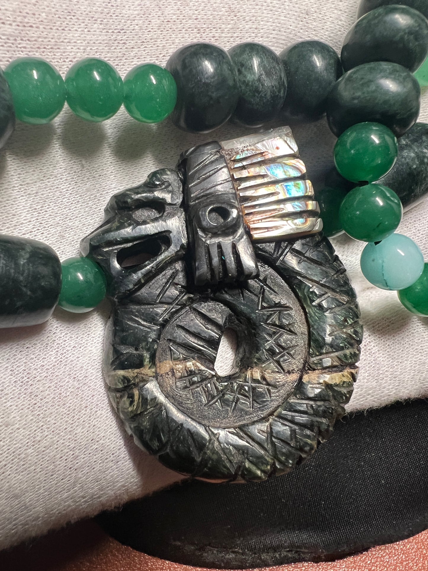 Mayan Kukulkan Azteca Quetzalcoatl, Serpentine, Mother of Pearl, Aventurine Necklace Mexican, Mexico #9