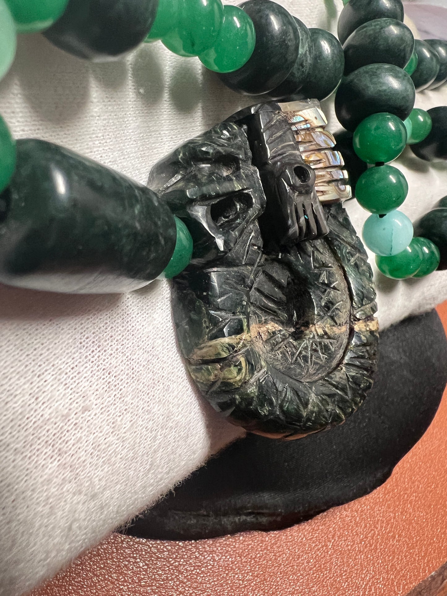 Mayan Kukulkan Azteca Quetzalcoatl, Serpentine, Mother of Pearl, Aventurine Necklace Mexican, Mexico #9